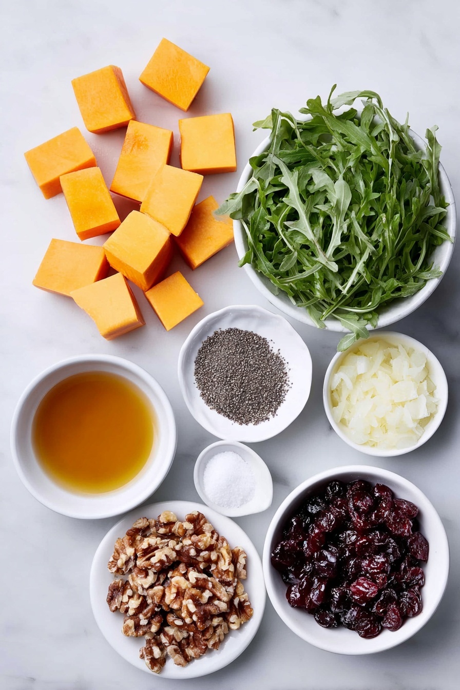 Flat lay of a small pile of peeled and diced butternut squash cubes, a small white bowl of amber maple syrup, a small white bowl filled with golden olive oil, a small white bowl of coarse Kosher salt crystals, a small white bowl with coarsely ground black pepper, a small heap of dried cranberries, a small white bowl filled with clear pale golden apple juice, a small white bowl containing translucent minced shallots, a small white bowl of smooth Dijon mustard, a lush bunch of fresh green arugula leaves, a small pile of toasted walnut halves, and a small white bowl with delicate shavings of Parmesan cheese placed on a clean white marble surface, soft natural light, photo taken with an iPhone, professional food photography style, fresh ingredients, white ceramic bowls, no bottles, no duplicates, no utensils, no packaging --ar 2:3 --v 7 --p m7354615311229779997 - Roasted Butternut Squash Salad with Cranberries, autumn salad recipes, healthy fall salads, festive holiday side dishes, easy roasted vegetable salads