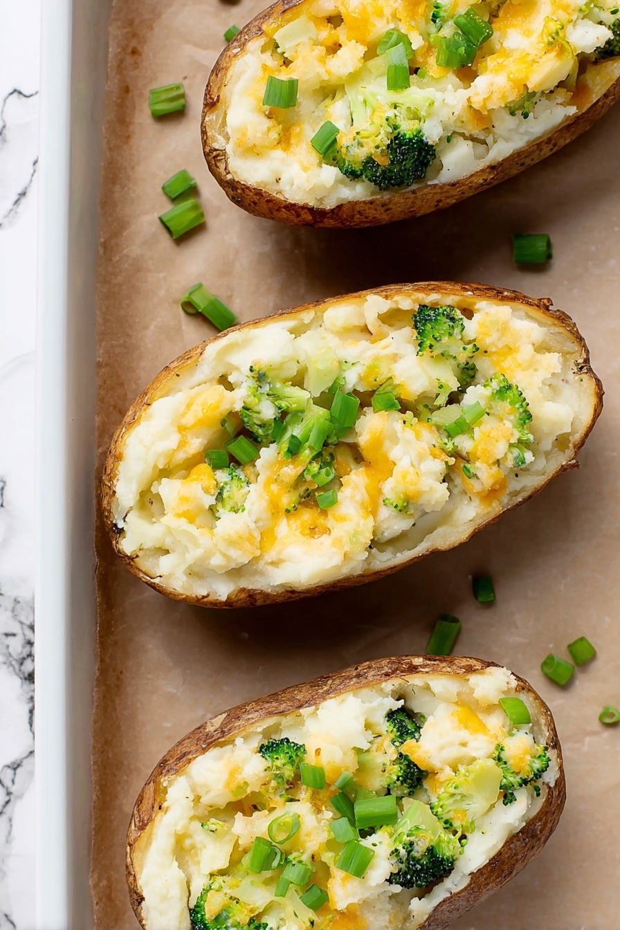 The image shows a white plate with seven potato halves layered with creamy mashed potato filling topped with melted golden-yellow cheddar cheese. Each potato half has a crispy brown skin edge visible, with the cheese layer bubbly and slightly browned. Small pieces of chopped green onions are sprinkled evenly on top of the cheese, adding a fresh green color contrast. The plate sits on a white marbled surface with a striped cloth nearby. Photo taken with an iphone --ar 2:3 --v 7 - Twice Baked Potatoes with Cheddar and Green Onions, easy baked potato recipe, cheesy stuffed potatoes, crispy potato skins, family-friendly side dish