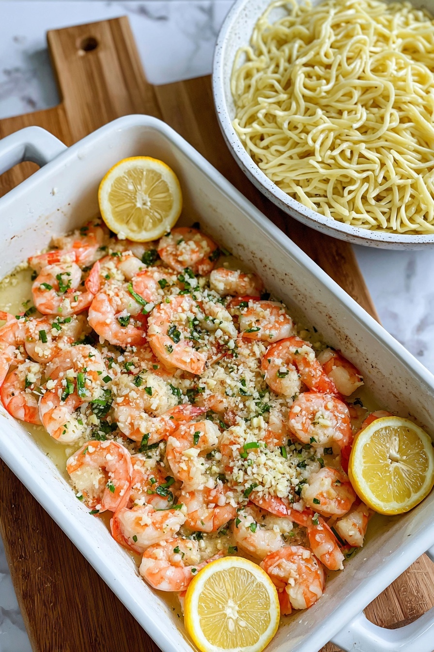 The image shows a white rectangular baking dish filled with a single layer of cooked shrimp, which are pink and orange with a slight shine. On top of the shrimp, there is a layer of minced garlic and small chopped green herbs scattered evenly. Two halved yellow lemons are placed near the edges of the shrimp, adding bright color. Next to the baking dish, a white bowl is filled with plain cooked noodles, light yellow in color. The dishes are placed on a wooden board, but the background is a white marbled texture. Photo taken with an iphone --ar 2:3 --v 7 - Baked Shrimp Scampi Lemon Garlic, Easy Shrimp Scampi Dinner, Quick Seafood Recipes, Lemon Garlic Shrimp, Baked Shrimp Recipes