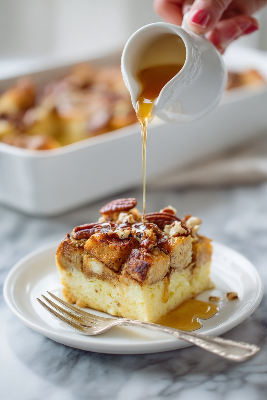 A white plate holds a single square slice of bread pudding with three visible layers: a bottom layer of dense, creamy custard-like texture in pale yellow, a middle layer of soft, golden toasted bread cubes lightly browned, and a top layer with darker toasted bread pieces mixed with pecans, giving a crunchy texture. A thin stream of amber syrup is being poured over the top by a woman's hand holding a white ceramic pitcher. A silver fork rests on the plate next to the dessert, and the background shows a white marbled surface with a larger white baking dish filled with the same bread pudding slightly blurred behind. photo taken with an iphone --ar 2:3 --v 7 - French Toast Casserole with Pecans, French Toast casserole with pecans, Cinnamon Pecan Breakfast Bake, Easy weekend brunch casserole, Make-ahead French toast dish