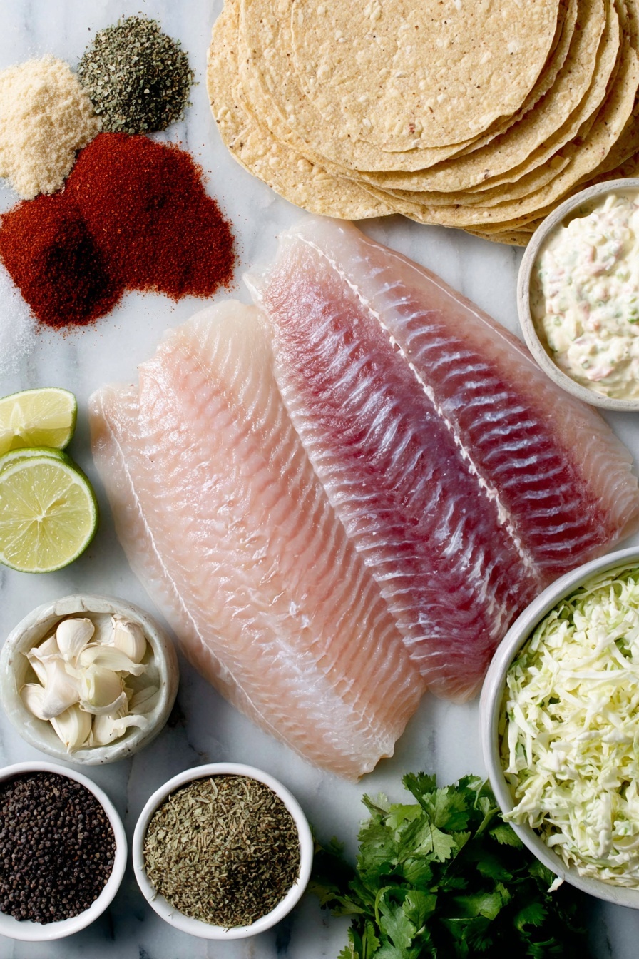 Flat lay of fresh raw tilapia fillet with skin removed, a small mound of bright red chili powder, a pinch of dried oregano leaves, a small pile of pale garlic powder, a heap of deep red paprika, a tiny heap of cayenne powder, a small pile of onion powder, a spoonful of ground cumin, coarse sea salt crystals in a small white ceramic bowl, whole black cracked peppercorns in a small white ceramic bowl, a small white ceramic bowl filled with fresh cole slaw mix of shredded cabbage and carrots, a small white bowl with creamy mayonnaise, a small white bowl with freshly squeezed lime juice, a peeled garlic clove, a small heap of vibrant green chopped cilantro, whole uncracked brown corn tortillas arranged neatly, and a halved fresh lime resting nearby, all arranged in perfect symmetry on a clean white marble surface, soft natural light, photo taken with an iPhone, professional food photography style, fresh ingredients, white ceramic bowls, no bottles, no duplicates, no utensils, no packaging --ar 2:3 --v 7 --p m7354615311229779997 - Air Fryer Fish Tacos with Cilantro Lime Slaw, easy fish tacos, healthy fish tacos, quick dinner recipes, seafood tacos