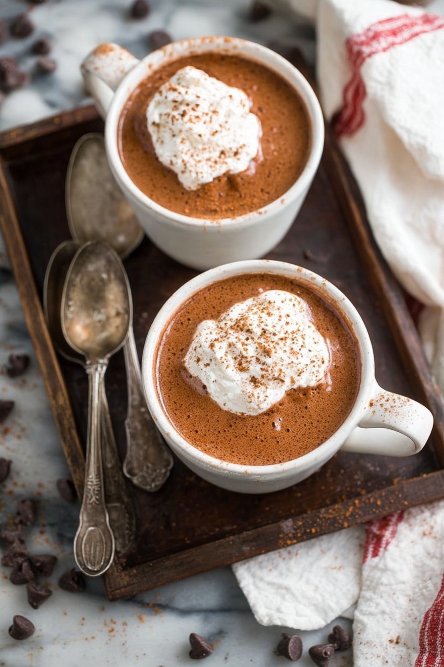 Two white mugs filled with a thick brown hot chocolate are placed on a dark wooden tray. Each drink is topped with a dollop of whipped cream sprinkled with cinnamon. The hot chocolate has a smooth texture with a rich brown color. Scattered around the tray and on the white marbled surface below are small chocolate chips. Two vintage silver spoons rest on the tray next to the mugs, and a white cloth with red stripes is partially visible on the right side. photo taken with an iphone --ar 2:3 --v 7 - Healthy Hot Chocolate, healthy hot chocolate recipe, nutritious hot cocoa, guilt-free hot chocolate, easy healthy hot chocolate