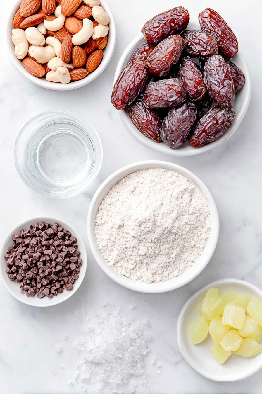 Flat lay of whole soft pitted dates arranged in a small pile, a handful of mixed nuts including almonds and cashews scattered nearby, a small white ceramic bowl filled with fine coconut flour, another small white bowl containing rich dark cacao powder, a few plump raisins next to four vibrant dried mango slices arranged neatly, a tiny white bowl with fine white salt crystals, a small white bowl with clear water, a small white bowl holding glossy dark chocolate chips, a tiny white bowl with solid white coconut oil, and a delicate sprinkle of fleur de sel crystals artistically placed on the marble surface, all ingredients fresh and natural, perfectly balanced and symmetrical, placed on a clean white marble surface, soft natural light, photo taken with an iPhone, professional food photography style, fresh ingredients, white ceramic bowls, no bottles, no duplicates, no utensils, no packaging --ar 2:3 --v 7 --p m7354615311229779997 - No Bake Superfood Brownie Bites, healthy no bake snacks, vegan brownie bites, easy no bake dessert, nutritious energy bites