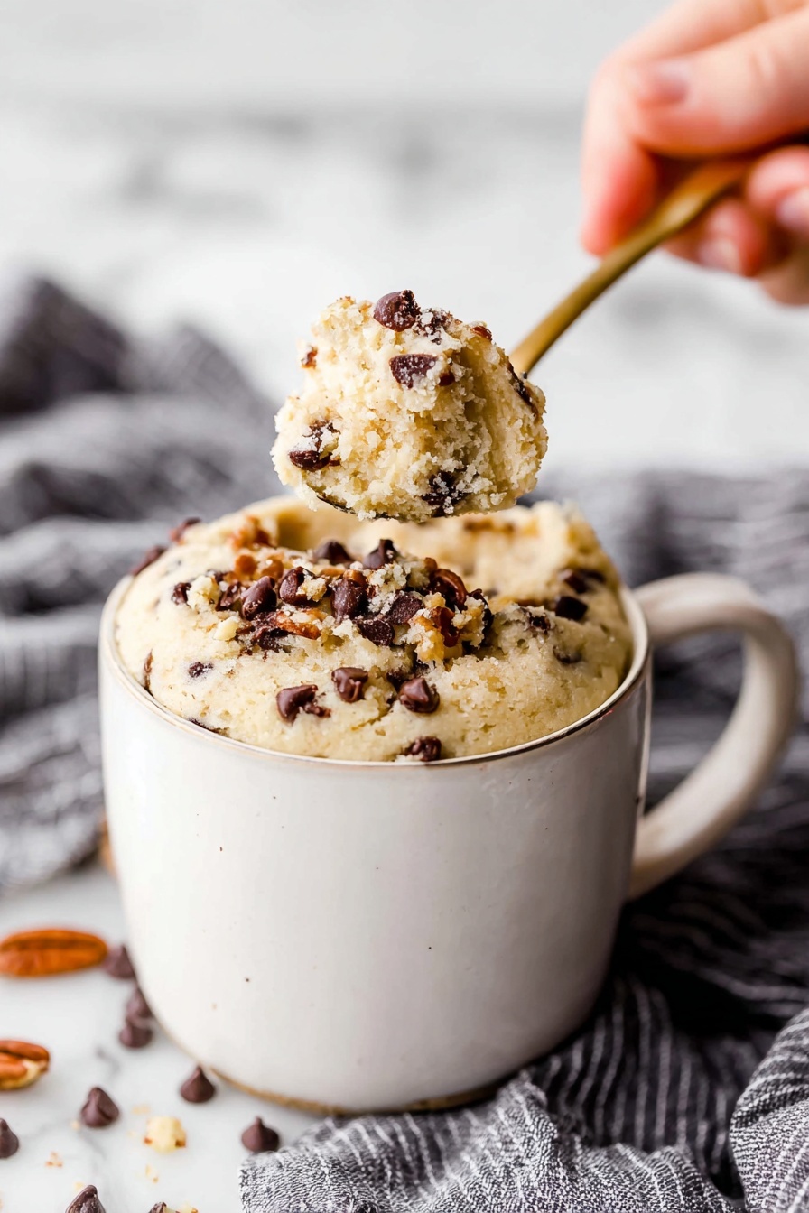 A white ceramic mug filled with a fluffy, light beige cake that has chocolate chips and small brown nut pieces studded throughout. The cake rises above the mug's rim with a soft, crumbly texture. A woman's hand holds a gold spoon lifting a scoop of the cake, showing the moist inside with visible chocolate chips and nuts. The mug sits on a white marbled surface with a striped gray cloth and scattered chocolate chips and nuts around it. Photo taken with an iphone --ar 2:3 --v 7 - Vegan Banana Mug Cake, healthy vegan mug cake, quick banana mug cake, plant-based microwave cake, easy vegan dessert