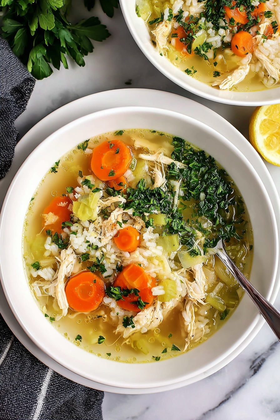 The image shows a white bowl full of chicken soup resting on a white plate, placed on a white marbled surface. Inside the bowl, there is a clear broth with visible pieces of shredded chicken, round slices of orange carrots, small diced white onions, celery pieces, and white rice. On top, there is a sprinkle of finely chopped green parsley covering part of the soup. A silver spoon lies on the right side, partially under the plate. In the background, part of a second similar bowl of soup and some green parsley leaves with a halved lemon are visible. A dark gray cloth with thin white stripes is placed underneath the bottom left side of the plate. Photo taken with an iphone --ar 2:3 --v 7 - Turkey Rice Soup with Lemon and Parsley, lemon turkey rice soup, healthy turkey soup with lemon, easy turkey rice soup recipe, comforting turkey soup with herbs
