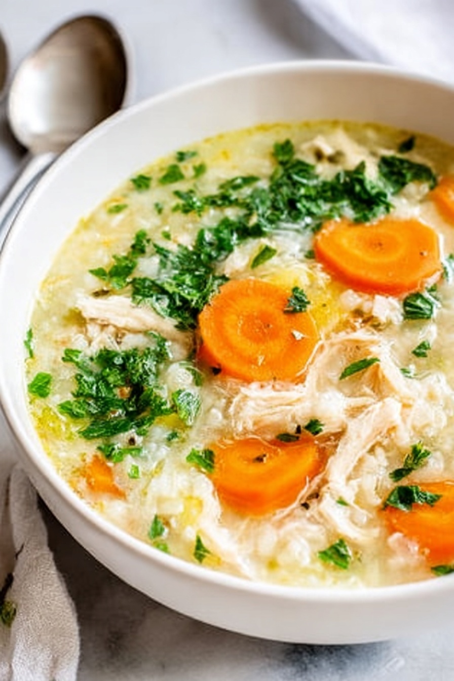A white bowl filled with a creamy soup showing three main layers: a pale yellow broth base with small bits of cooked chicken, bright orange carrot slices floating in the middle, and finely chopped green herbs sprinkled on top. The bowl sits on a white marbled surface, with a silver spoon placed beside it. The colors are soft and fresh, with a clear separation between the broth, vegetables, and herbs. photo taken with an iphone --ar 2:3 --v 7 - Turkey Rice Soup with Lemon and Parsley, lemon turkey rice soup, healthy turkey soup with lemon, easy turkey rice soup recipe, comforting turkey soup with herbs