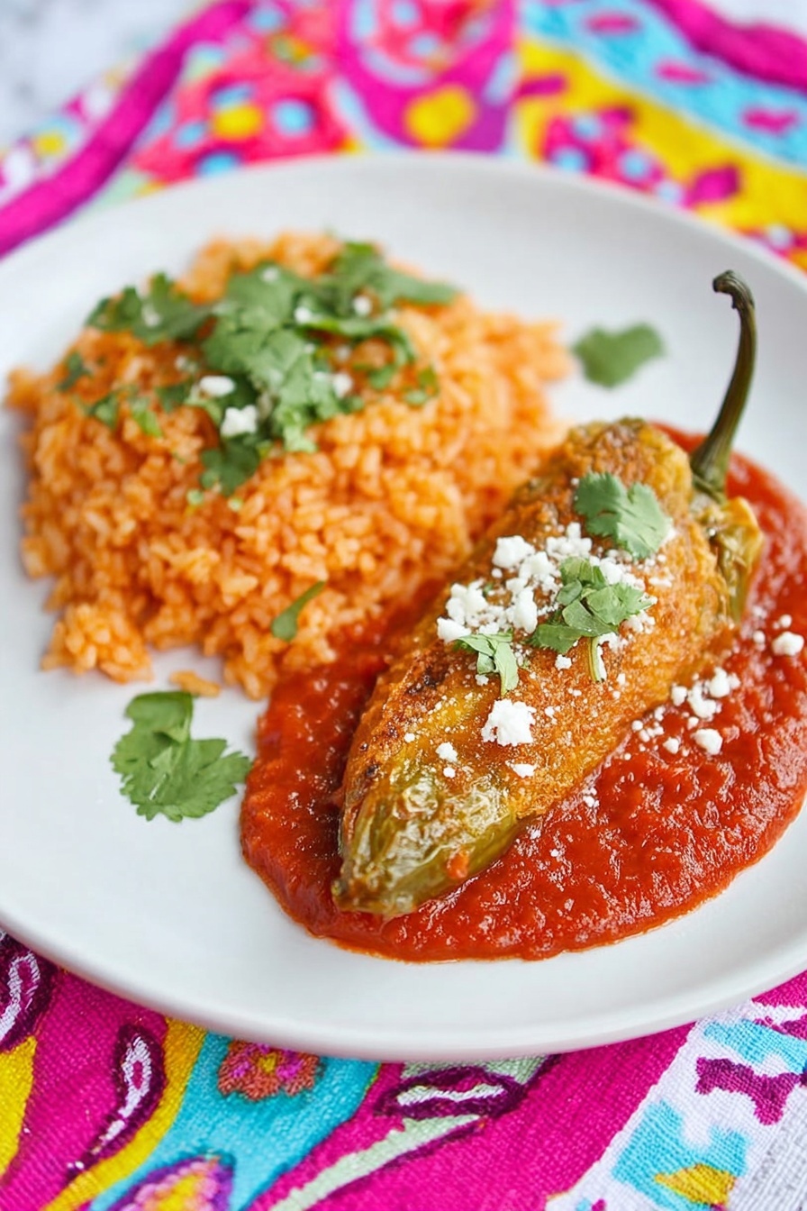 A white round plate on a white marbled surface holds a serving of reddish-orange rice on the left side, topped with fresh green cilantro leaves and small bits of white cheese. To the right of the rice is a golden-brown fried pepper resting on top of a thick, chunky red sauce spread on the plate. The fried pepper has a slightly crispy texture, garnished with scattered white cheese bits and a few cilantro leaves. The plate is placed on a colorful patterned cloth with bright pink, blue, yellow, and green designs. photo taken with an iphone --ar 2:3 --v 7 - Easy Chile Relleno with Smoked Brisket, smoked brisket stuffed peppers, cheesy poblano chili rellenos, flavorful smoked meat recipes, festive Mexican comfort food