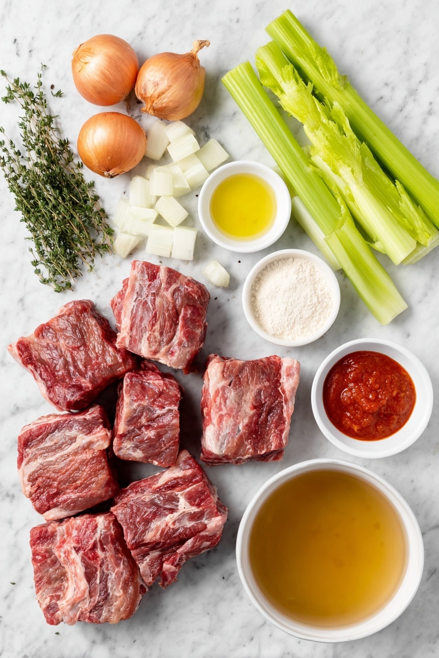 Flat lay of a small white ceramic bowl of golden olive oil, three whole uncracked garlic cloves, four fresh shallots with purplish-white skins, a simple white bowl filled with bright red peeled and diced tomatoes, a small white bowl with a deep red baharat spice blend, a tiny white bowl of sweet paprika powder, another tiny white bowl holding bright red cayenne pepper powder, a small white bowl of coarse salt, a small white bowl with light brown granulated sugar, a small white bowl of ground black pepper, a small white bowl with smooth red tomato paste, a white ceramic dish of plump cooked beige chickpeas, a fresh medium sweet potato cubed showing vibrant orange flesh, a small white bowl containing dried dark red barberries, a white bowl of ten glossy black Kalamata olives, a handful of pale sliced almonds scattered artfully, a small heap of fresh chopped green parsley, and a small white bowl filled with fluffy cooked couscous, all arranged symmetrically, placed on a clean white marble surface, soft natural light, photo taken with an iPhone, professional food photography style, fresh ingredients, white ceramic bowls, no bottles, no duplicates, no utensils, no packaging --ar 2:3 --v 7 --p m7354615311229779997 - Moroccan Chickpea Stew, Moroccan Chickpea Stew with Sweet Potatoes, hearty vegetarian stew, easy Moroccan chickpea recipe, healthy vegan comfort food