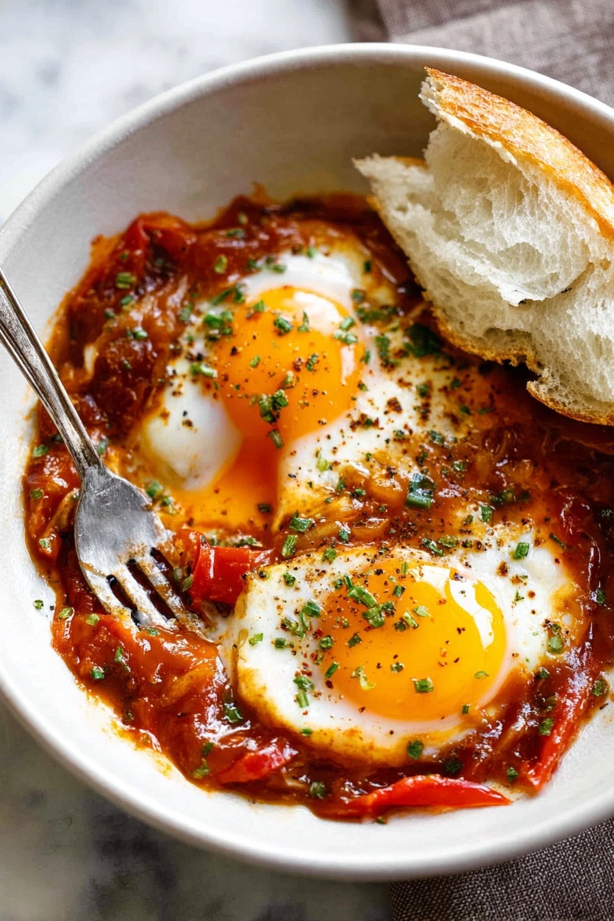 A white bowl holds two sunny-side-up eggs with bright yellow yolks and tender white edges, each sprinkled with small green herb pieces and black pepper. Beneath and around the eggs is a rich, thick red sauce with visible chunks of red peppers and tender meat. A piece of torn white bread is placed on the right side, partially dipped into the sauce. A silver fork lies at the front edge of the bowl, resting partly on the sauce. The bowl sits on a white marbled surface. Photo taken with an iphone --ar 2:3 --v 7 - Cheesy Baked Eggs in Spiced Tomato Sauce, baked eggs with spicy tomato sauce, cheesy breakfast eggs, easy baked egg recipes, flavorful brunch egg dishes
