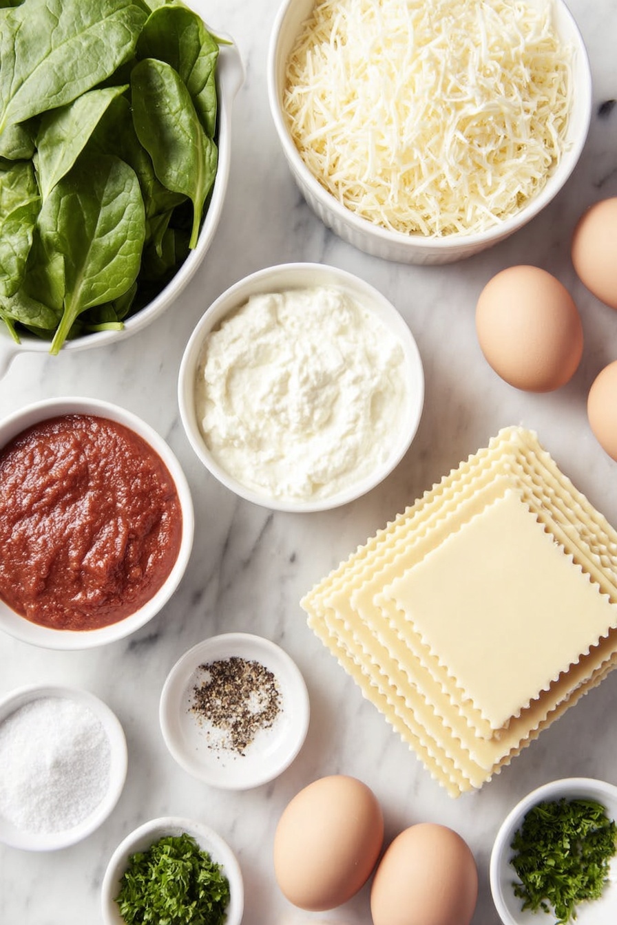 Flat lay of fresh bright green spinach leaves, a small white ceramic bowl with creamy white ricotta cheese, two whole uncracked brown eggs, a small white bowl filled with finely grated pale yellow Parmesan cheese, a small white bowl of shredded mozzarella cheese, a neat stack of uncooked flat rectangular lasagna noodles, a small white bowl with vibrant red marinara sauce, a small white bowl with dried Italian seasoning, a small white bowl containing coarse white salt, a small white bowl with cracked black pepper, and a small white bowl of chopped fresh green parsley, all arranged in perfect symmetry on a clean white marble surface, soft natural light, photo taken with an iPhone, professional food photography style, fresh ingredients, white ceramic bowls, no bottles, no duplicates, no utensils, no packaging --ar 2:3 --v 7 --p m7354615311229779997 - Cheesy Spinach Lasagna, vegetarian lasagna recipe, cheesy spinach lasagna, healthy lasagna ideas, easy baked spinach lasagna