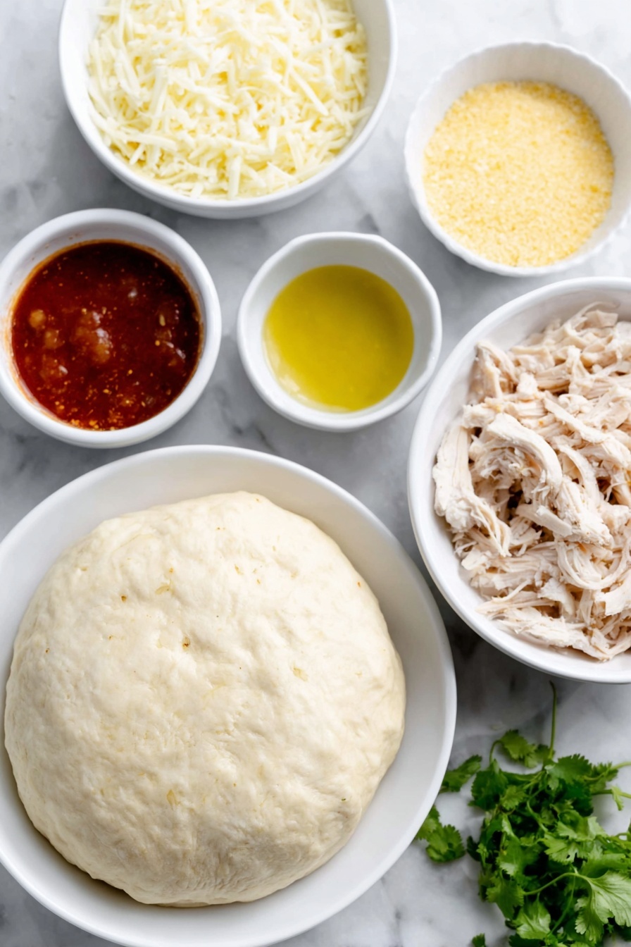 Flat lay of a smooth round disc of raw pizza dough with a folded edge crust, a small white bowl of amber barbecue sauce, a small white bowl of golden olive oil, a small white bowl of bright yellow cornmeal, a white ceramic plate with shredded mozzarella cheese, a white ceramic plate with shredded smoked gouda cheese, a neat pile of shredded cooked chicken breast, a few thin, crescent-shaped slices of deep purple-red onion, and a small bunch of fresh green cilantro sprigs, all arranged symmetrically on a clean white marble surface, soft natural light, photo taken with an iPhone, professional food photography style, fresh ingredients, white ceramic bowls, no bottles, no duplicates, no utensils, no packaging --ar 2:3 --v 7 --p m7354615311229779997 - BBQ Chicken Pizza with Smoked Gouda, BBQ Chicken Pizza, Smoked Gouda Pizza, Easy BBQ Chicken Pizza, Gourmet BBQ Pizza