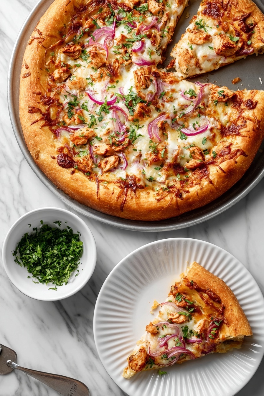 A pizza with a thick golden crust sits on a pizza pan, topped with melted white cheese, pieces of cooked chicken in a reddish sauce, thin purple onion slices, and sprinkled green herbs. One slice is taken out, and that slice is placed on a white plate with ridged edges nearby. Below the plate is a small bowl of chopped green herbs, all set on a white marbled surface. Photo taken with an iphone --ar 2:3 --v 7 - BBQ Chicken Pizza with Smoked Gouda, BBQ Chicken Pizza, Smoked Gouda Pizza, Easy BBQ Chicken Pizza, Gourmet BBQ Pizza