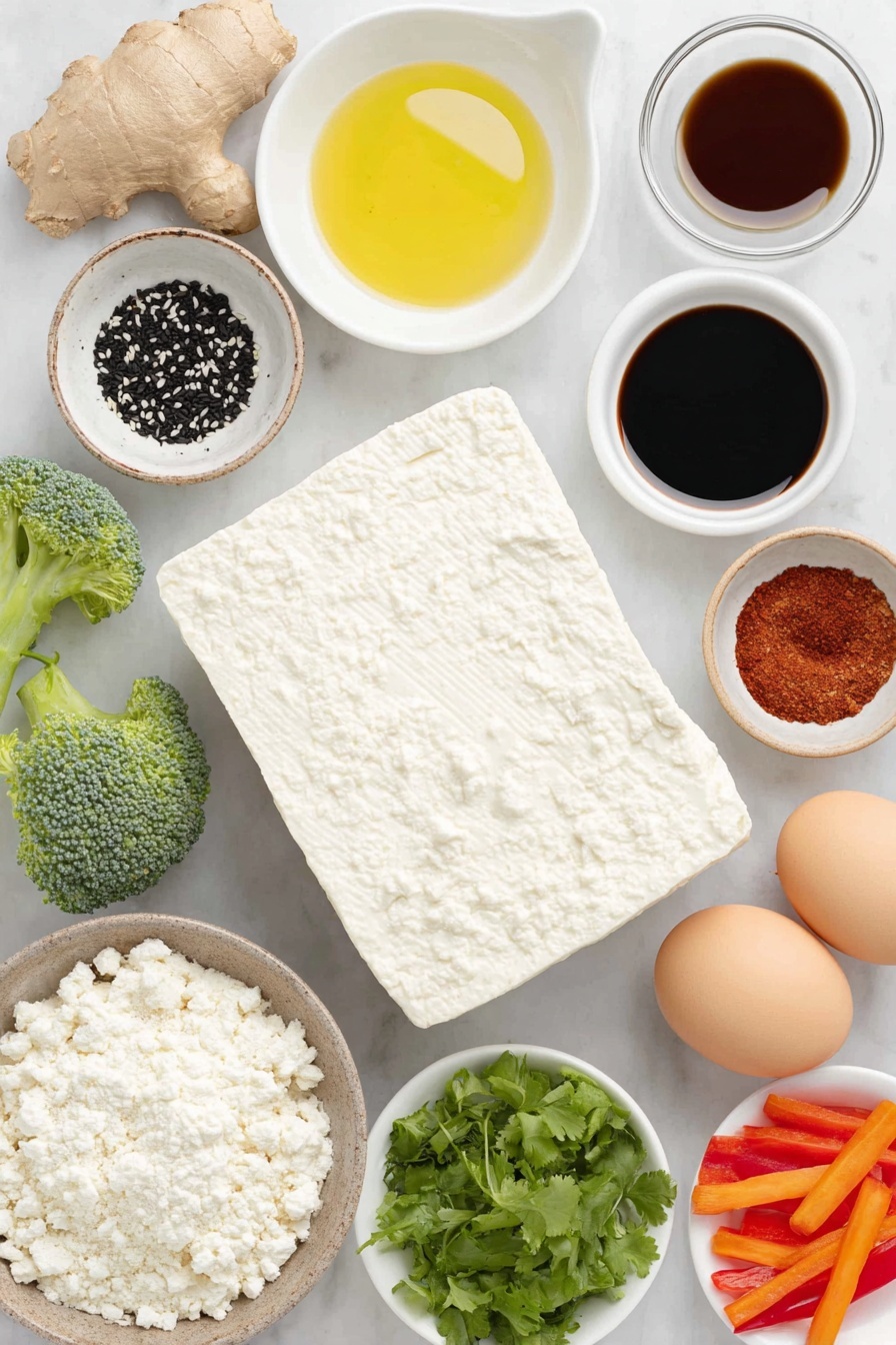 Flat lay of a whole block of extra-firm tofu with a smooth, white surface; a small white ceramic bowl filled with neutral high-heat oil; a small white bowl containing kosher salt; a small white bowl of white pepper; a small white bowl with garlic powder; a small white bowl holding Chinese five spice powder; a small white bowl filled with cornstarch powder; a small white bowl with soy sauce; a small white bowl containing rice vinegar; a small white bowl with hoisin sauce; a small white bowl with Shaoxing wine; a small white bowl holding organic brown sugar; a small white bowl filled with chili-garlic sauce; a small white bowl with clear vegetable broth; a peeled whole piece of fresh ginger root about 2 inches long, beside a small pile of roughly chopped garlic cloves; a selection of fresh vegetables including bright green broccoli florets, orange carrot sticks, and red bell pepper strips; a small white bowl with a cornstarch slurry (cornstarch mixed with water); a small white bowl with black sesame seeds; a small white bowl with toasted sesame oil; a small bunch of roughly chopped fresh cilantro leaves and tender stems; a small white bowl of cooked white rice; and two or three whole brown eggs with clean shells, all meticulously arranged with perfect symmetry on a clean white marble surface, soft natural light, photo taken with an iPhone, professional food photography style, fresh ingredients, white ceramic bowls, no bottles, no duplicates, no utensils, no packaging --ar 2:3 --v 7 --p m7354615311229779997 - Flavorful Tofu Stir Fry, tofu stir fry recipe, healthy stir fry dish, crispy tofu with savory sauce, vegan tofu stir fry