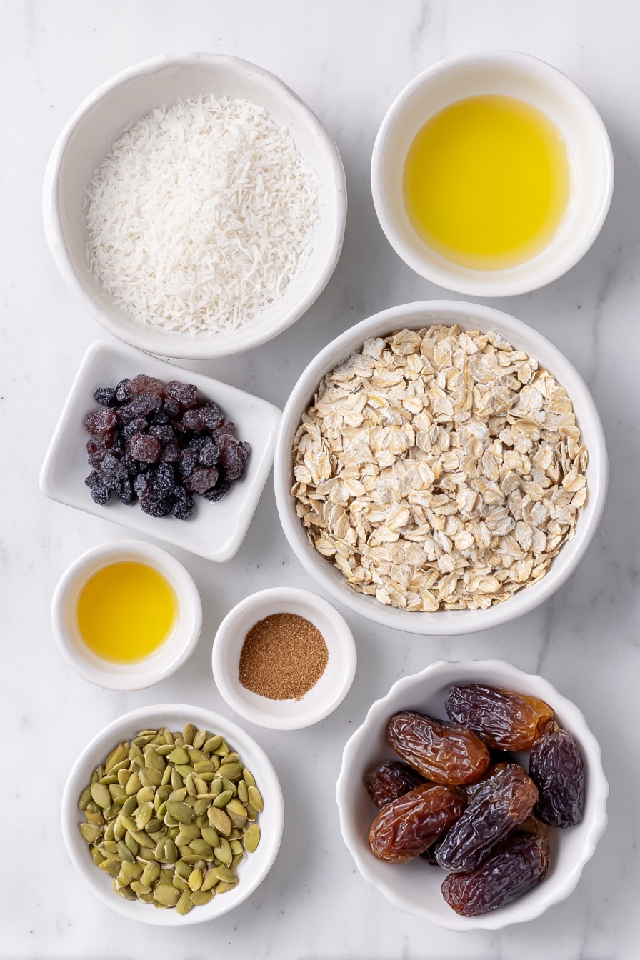 Flat lay of old-fashioned rolled oats in a small white ceramic bowl, unsweetened shredded coconut in a small white bowl, sliced almonds scattered naturally on the white marble surface, raw pumpkin seeds in a small white bowl, pure maple syrup in a small white bowl, avocado oil in a small white bowl, pure honey in a small white bowl, ground cinnamon in a small white bowl, pure vanilla extract in a small white bowl, fine salt in a small white bowl, a few sprigs of dried mixed fruit (raisins, cranberries, cherries, chopped figs, apricots, dates) arranged delicately next to the bowls, all ingredients fresh and natural, balanced symmetrical layout, placed on a clean white marble surface, soft natural light, photo taken with an iPhone, professional food photography style, fresh ingredients, white ceramic bowls, no bottles, no duplicates, no utensils, no packaging --ar 2:3 --v 7 --p m7354615311229779997 - Homemade Granola Clusters, crunchy granola clusters, healthy snack ideas, homemade granola recipe, easy granola clusters