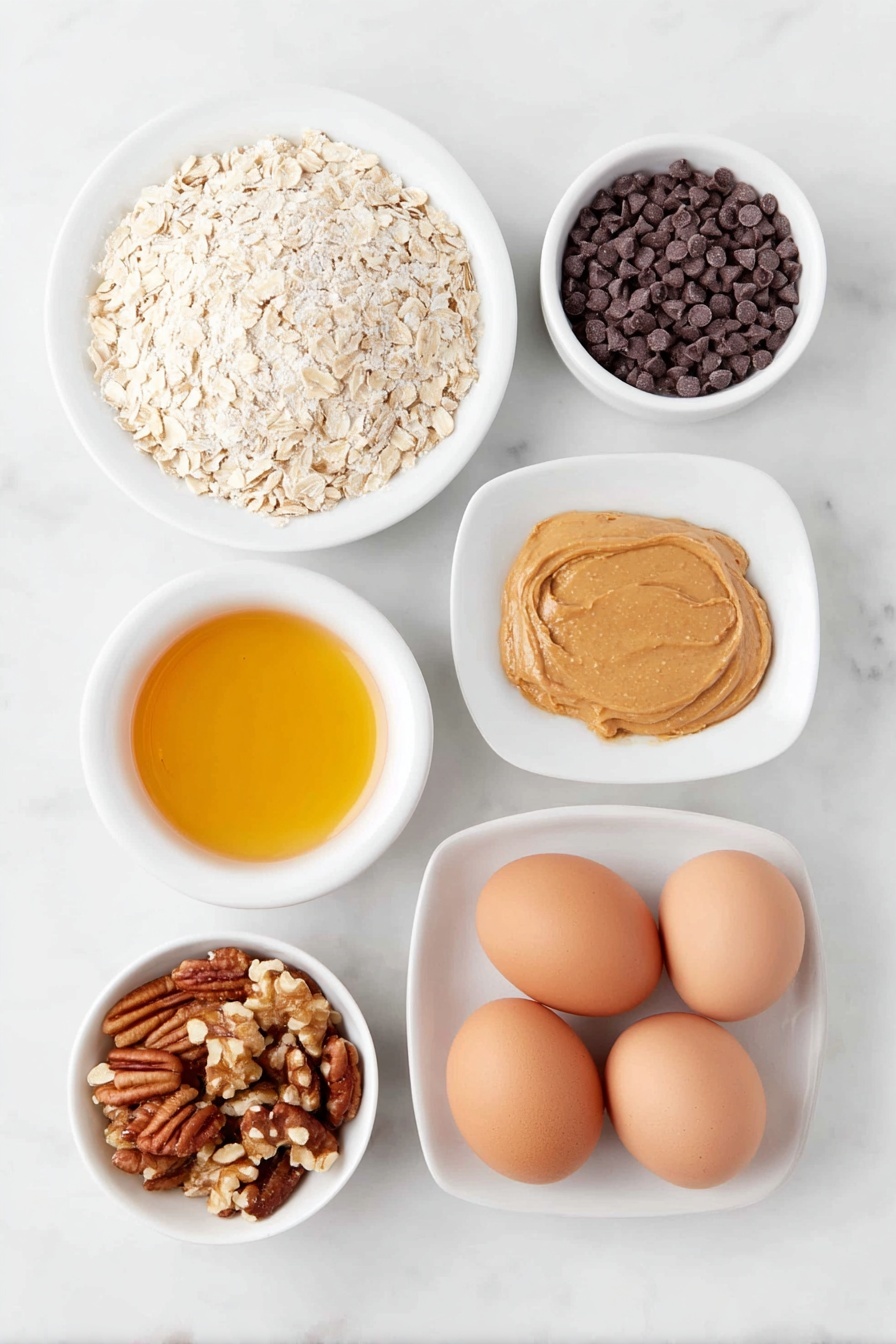 Flat lay of a small pile of old-fashioned rolled oats, a dollop of natural peanut butter, a small white bowl of golden honey, a small white bowl filled with mini chocolate chips, two whole clean-shelled brown eggs, a small handful of mixed walnuts, pecans, and almonds, all arranged in perfect symmetry on simple white ceramic bowls and plates, placed on a clean white marble surface, soft natural light, photo taken with an iPhone, professional food photography style, fresh ingredients, white ceramic bowls, no bottles, no duplicates, no utensils, no packaging --ar 2:3 --v 7 --p m7354615311229779997 - Homemade Peanut Butter Granola Bars, healthy peanut butter granola bar, easy DIY granola bars, nutritious snack bars, homemade energy bars