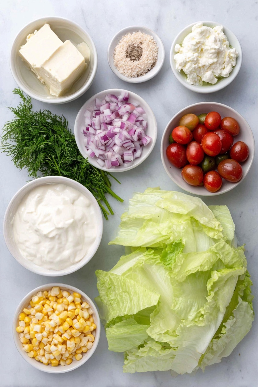 Flat lay of a small bunch of fresh dill sprigs, a few sprigs of fresh parsley, a small white ceramic bowl with creamy buttermilk, a small white ceramic bowl with smooth sour cream, a pinch of kosher salt in a tiny white ceramic bowl, a pinch of ground black pepper in a tiny white ceramic bowl, one small whole garlic clove with clean unbroken skin, a few large chopped romaine lettuce leaves, a small pile of diced red onion, two ripe avocados diced into cubes, a small mound of fresh corn kernels, a portion of cooked chicken breast meat shredded, a handful of halved cherry tomatoes, all placed on a clean white marble surface, soft natural light, photo taken with an iPhone, professional food photography style, fresh ingredients, white ceramic bowls, no bottles, no duplicates, no utensils, no packaging --ar 2:3 --v 7 --p m7354615311229779997 - Healthy Chicken Cobb Salad with Buttermilk Ranch, chicken cobb salad, healthy salad recipes, easy chicken salad, homemade ranch dressing