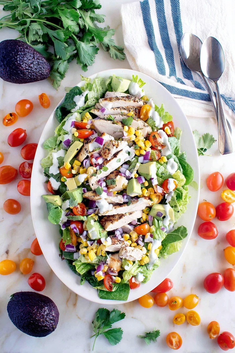 A white oval plate holds a colorful salad with several layers: at the bottom is a bed of fresh green lettuce leaves, topped with scattered yellow corn kernels, small red and orange cherry tomato halves, and diced green avocado pieces. On top of these, there are grilled slices of chicken with light brown grill marks, and small bits of purple onion sprinkled evenly. The salad is finished with a drizzle of creamy white dressing. Around the plate on a white marbled surface are loose cherry tomatoes, green leaves, some sprigs of parsley, a halved purple onion, and a whole dark purple avocado. To the side, there is a white napkin with blue stripes holding a silver fork and spoon. photo taken with an iphone --ar 2:3 --v 7 - Healthy Chicken Cobb Salad with Buttermilk Ranch, chicken cobb salad, healthy salad recipes, easy chicken salad, homemade ranch dressing