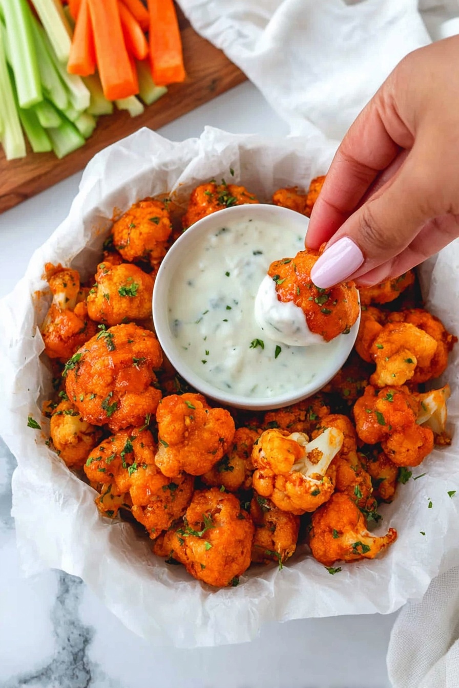 A white bowl lined with white parchment paper holds many bright orange cauliflower pieces covered in sauce and sprinkled with green herbs. In the center of the bowl is a small round white dish filled with creamy white dipping sauce with green herb bits. A woman's hand with pale pink nail polish is dipping one cauliflower piece into the sauce. In the background, there are cut celery and carrot sticks on a wooden surface, with a white cloth nearby, all set on a white marbled texture. photo taken with an iphone --ar 2:3 --v 7 - Spicy Buffalo Cauliflower Bites, healthy cauliflower snacks, vegan buffalo wings, easy cauliflower appetizer, spicy vegetarian chicken alternative