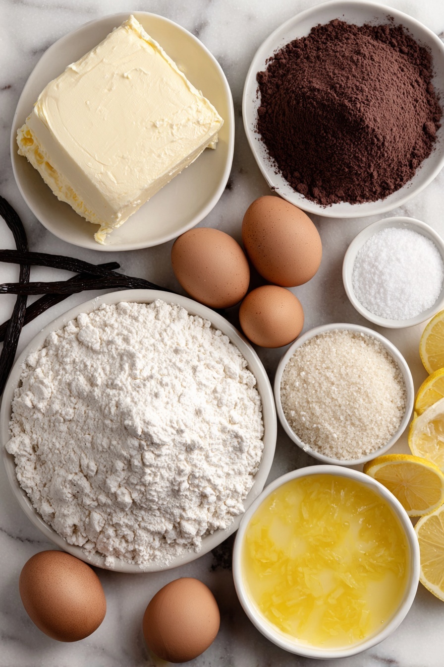 Flat lay of unsalted butter at room temperature in a small white ceramic bowl, kosher salt crystals in a tiny white bowl, powdered sugar in a small white bowl, almond flour in a small white bowl, a whole vanilla bean pod next to a small white bowl of vanilla extract, two whole large brown eggs with clean shells, a pile of unbleached all-purpose flour beside a small white bowl of granulated sugar, fresh Meyer lemon zest scattered beside three whole Meyer lemons sliced in half, a small white bowl filled with fresh squeezed Meyer lemon juice, three whole large egg yolks with smooth shells, three whole large egg whites in a simple white ceramic bowl, placed on a clean white marble surface, soft natural light, photo taken with an iPhone, professional food photography style, fresh ingredients, white ceramic bowls, no bottles, no duplicates, no utensils, no packaging --ar 2:3 --v 7 --p m7354615311229779997 - Meyer Lemon Tart, Meyer Lemon Tart Recipe, citrus dessert, lemon tart with buttery crust, easy lemon tart