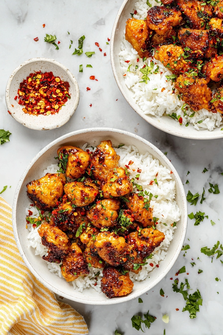 The image shows two white bowls filled with two layers each: a bottom layer of fluffy white rice and a top layer of sticky, golden brown glazed chicken pieces that have a slightly charred texture. The chicken is sprinkled with finely chopped fresh green herbs and tiny bits of red chili flakes. Nearby on the white marbled surface, there is a small white bowl with more red chili flakes and scattered green herb leaves, adding color contrast. A yellow and white striped cloth is partially visible at the bottom left. photo taken with an iphone --ar 2:3 --v 7 - Honey Garlic Chicken Bites, quick chicken dinner, easy chicken recipes, flavorful chicken stir-fry, weeknight chicken meal