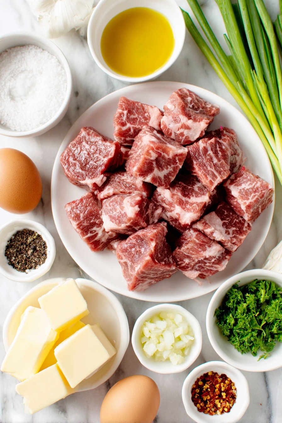 Flat lay of fresh raw steak pieces cut into bite size chunks, a small white bowl of golden avocado oil, whole uncracked brown eggs nearby (representing protein but optional if not in recipe), a small white bowl filled with coarse sea salt, a small white bowl containing freshly ground black pepper, a small white bowl with red pepper flakes, a small white bowl with creamy yellow butter, several fresh garlic cloves and a small pile of minced garlic, a handful of bright green chopped parsley, and a few whole vibrant green onions with their white bulbs intact, all arranged symmetrically on simple white ceramic dishes and bowls, placed on a clean white marble surface, soft natural light, photo taken with an iPhone, professional food photography style, fresh ingredients, white ceramic bowls, no bottles, no duplicates, no utensils, no packaging --ar 2:3 --v 7 --p m7354615311229779997 - Garlic Butter Steak Bites, steak bites recipe, quick steak dinner, easy steak appetizer, tender steak tips