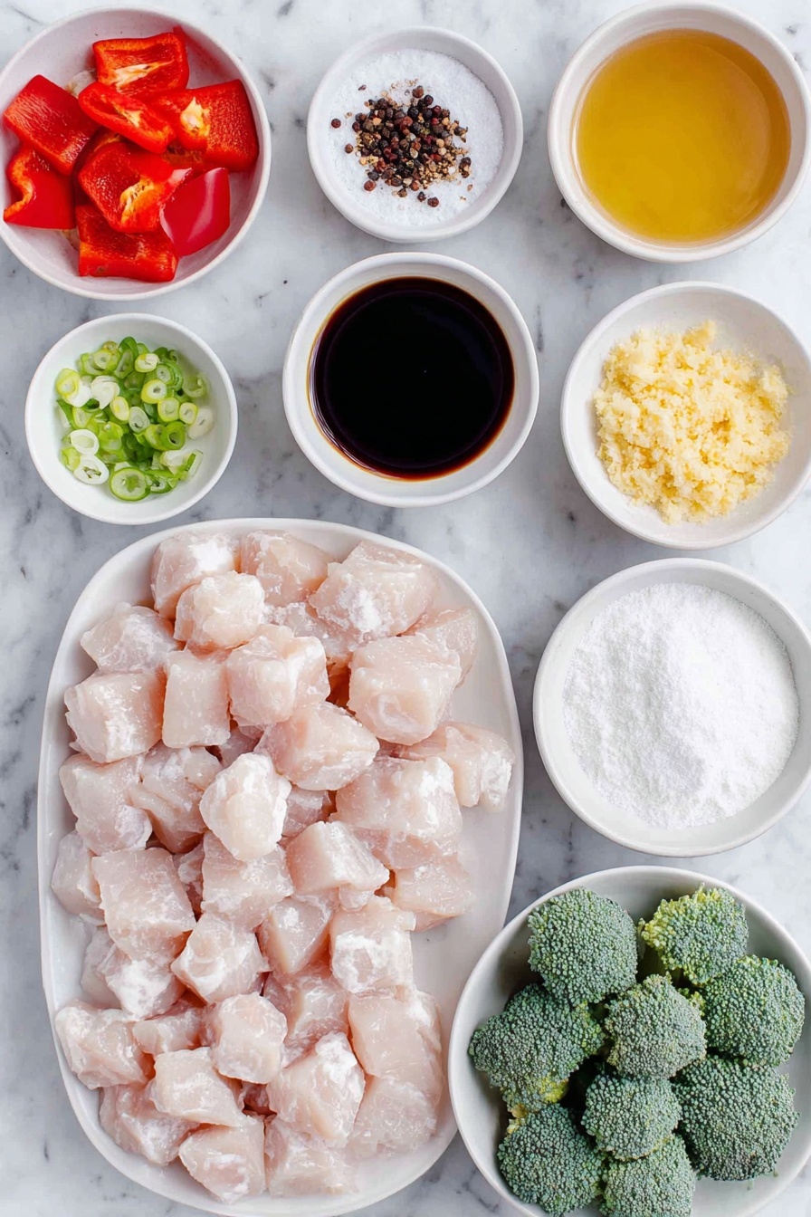 Flat lay of fresh raw chicken breasts cut into cubes, a small pile of coarse sea salt, a few twists of whole black peppercorns, a small white ceramic bowl of golden toasted sesame oil, minced fresh garlic cloves, freshly grated ginger root, chopped white parts of green onions arranged neatly, a small white bowl filled with dark soy sauce, a small white bowl holding light chicken broth, a small white bowl of clear rice vinegar, a small white bowl of golden honey, a small white bowl with white cornstarch powder, a small white bowl of clear water, a bright red bell pepper cut into chunks, and vibrant green broccoli florets all arranged symmetrically, placed on a clean white marble surface, soft natural light, photo taken with an iPhone, professional food photography style, fresh ingredients, white ceramic bowls, no bottles, no duplicates, no utensils, no packaging --ar 2:3 --v 7 --p m7354615311229779997 - Healthy Teriyaki Chicken Bowl, delicious healthy dinner, quick chicken recipes, wholesome chicken bowl, easy stir-fry meals