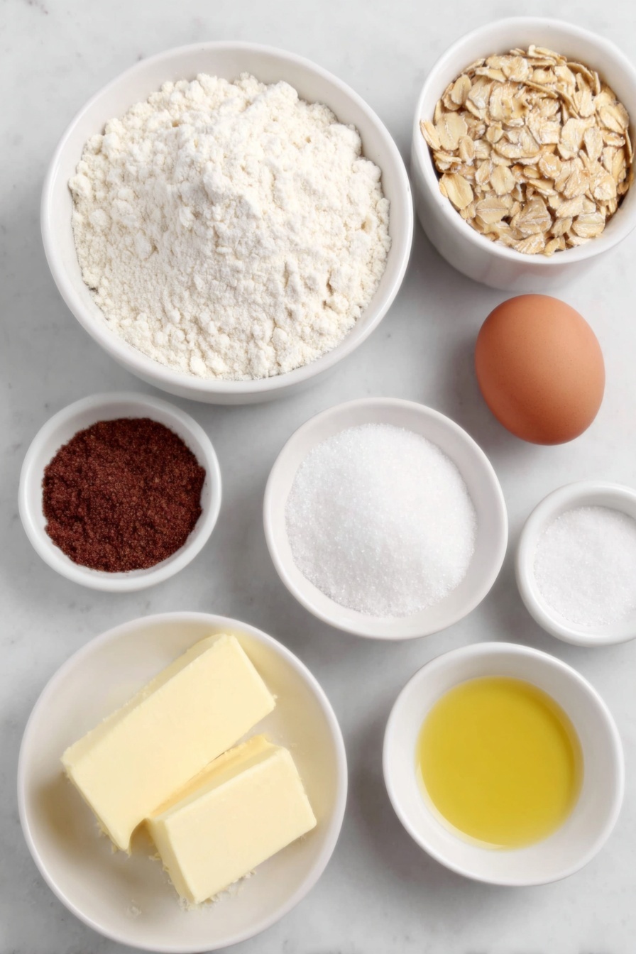 Flat lay of a small pile of all-purpose flour in a simple white ceramic bowl, a small white bowl filled with quick oats, a tiny white bowl containing ground cinnamon, a white ceramic bowl with soft unsalted butter, a few brown sugar crystals and granulated sugar grains displayed side by side in small white bowls, one whole uncracked brown egg, a small white bowl with golden vanilla extract, a pinch of salt in a tiny white bowl, and a small white bowl holding a mixture of ground cinnamon and granulated sugar, all arranged in perfect symmetry on a clean white marble surface, soft natural light, photo taken with an iPhone, professional food photography style, fresh ingredients, white ceramic bowls, no bottles, no duplicates, no utensils, no packaging --ar 2:3 --v 7 --p m7354615311229779997 - Oatmeal Snickerdoodle Cookies, cinnamon sugar cookies, oatmeal cookies with cinnamon, chewy oat cookies, homemade snickerdoodle treats