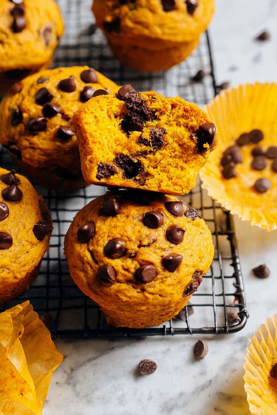 The image shows several pumpkin muffins with chocolate chips on a metal cooling rack over a white marbled surface. The muffins are a bright orange color with dark brown chocolate chips scattered on top and inside. One muffin is broken in half on top of another, showing its soft, moist inside filled with melted chocolate chips. Around the muffins, there are crumpled yellow muffin liners. The colors are warm and inviting, with the orange muffins standing out against the black metal rack and white marbled surface. photo taken with an iphone --ar 2:3 --v 7 - Pumpkin Chocolate Chip Muffins, moist pumpkin muffins, fall breakfast recipes, easy pumpkin muffin recipe, chocolate chip muffin ideas