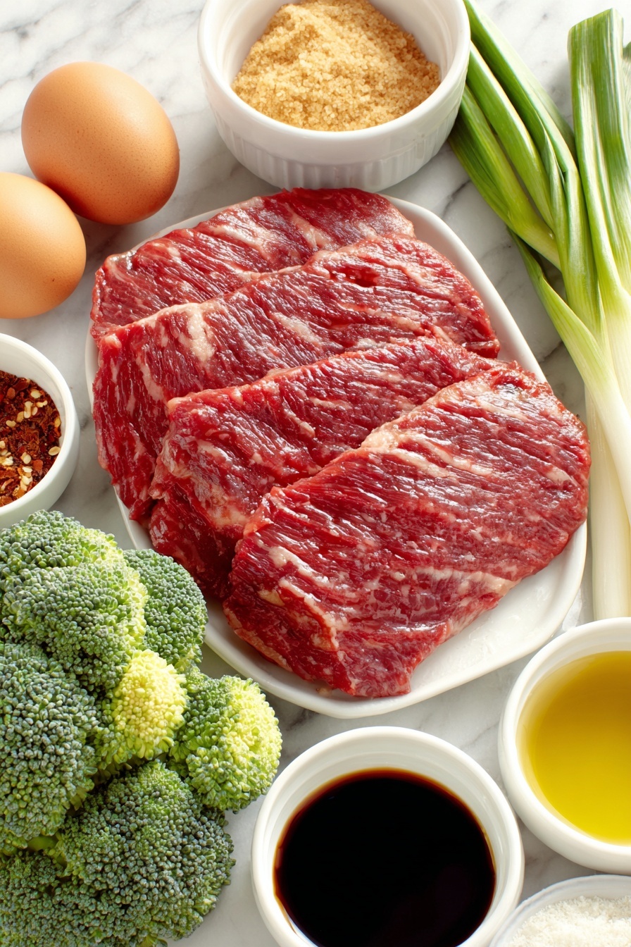 Flat lay of fresh thinly sliced raw flank steak arranged flat, vibrant green broccoli florets, three whole green onions with white and green parts, two whole brown eggs with clean shells, small white ceramic bowls containing light brown sugar crystals, freshly minced garlic, pale yellow toasted sesame oil, glossy dark soy sauce, light soy sauce, rich oyster sauce, black vinegar, smooth cornstarch powder, coarse salt, freshly cracked black pepper, tiny red pepper flakes, a small white ceramic bowl with clear chicken broth, small white ceramic bowl with light golden avocado oil, and a small white ceramic bowl of fine baking soda powder, all perfectly arranged in balanced symmetry on a clean white marble surface, soft natural light, photo taken with an iPhone, professional food photography style, fresh ingredients, white ceramic bowls, no bottles, no duplicates, no utensils, no packaging --ar 2:3 --v 7 --p m7354615311229779997 - Garlic Beef with Broccoli Stir-Fry, Beef and Broccoli Stir-Fry, Easy Chinese Stir-Fry, Healthy Beef Stir-Fry Recipe, Quick Weeknight Dinner