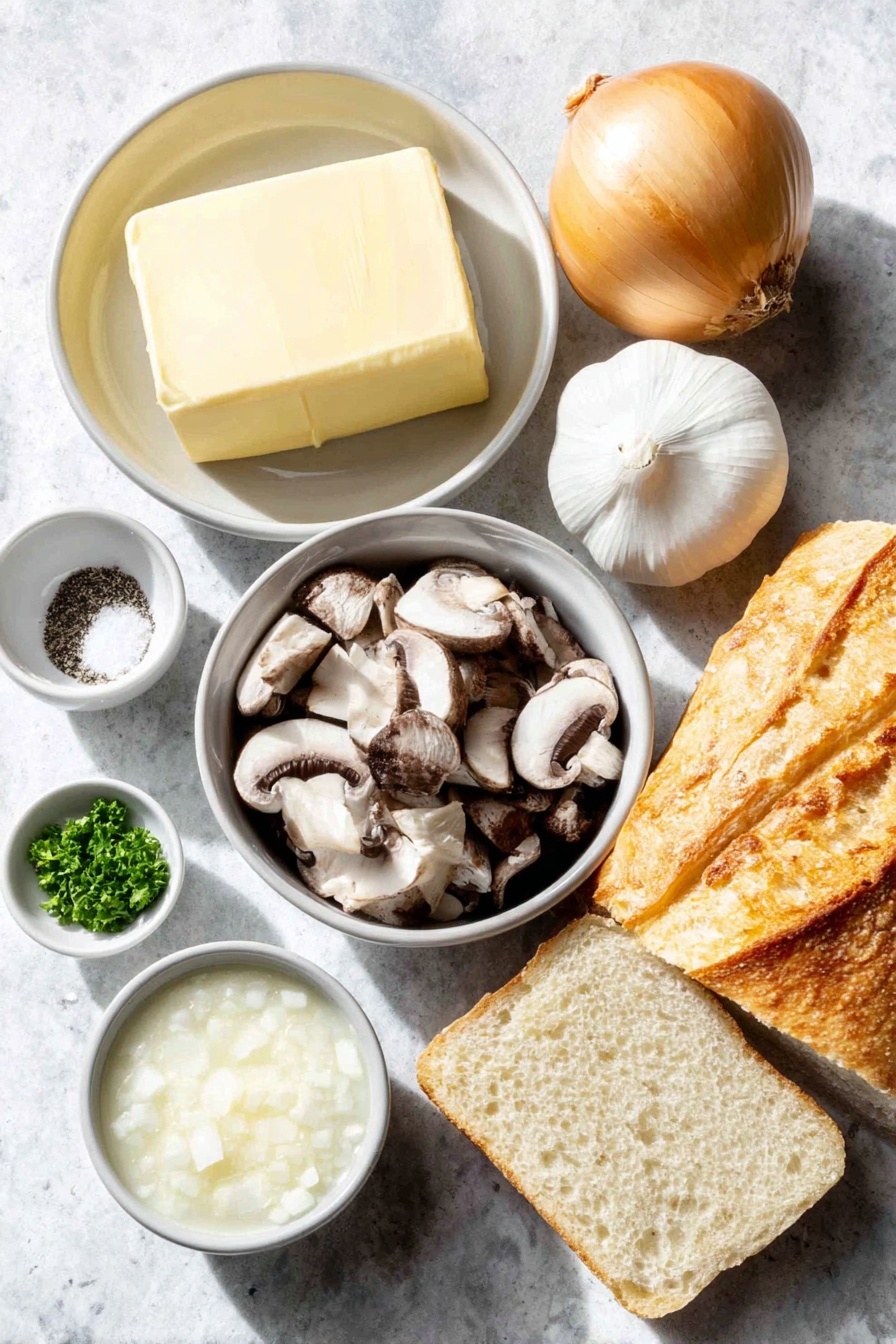 Flat lay of a small white ceramic bowl of unsalted butter, a whole yellow onion, two whole garlic cloves, fresh white mushrooms sliced, fresh Swiss Brown/Cremini mushrooms sliced, a small white ceramic bowl of vegetable stock, a small white ceramic bowl of salt, a small white ceramic bowl of black pepper, a small white ceramic bowl of crème fraiche, a few fresh green parsley sprigs, a few golden brown croutons, and rustic slices of fresh bread, all arranged with perfect symmetry and balanced proportions, placed on a clean white marble surface, soft natural light, photo taken with an iPhone, professional food photography style, fresh ingredients, white ceramic bowls, no bottles, no duplicates, no utensils, no packaging --ar 2:3 --v 7 --p m7354615311229779997 - Creamy Mushroom Soup, mushroom soup recipe, easy mushroom soup, hearty mushroom soup, homemade mushroom soup