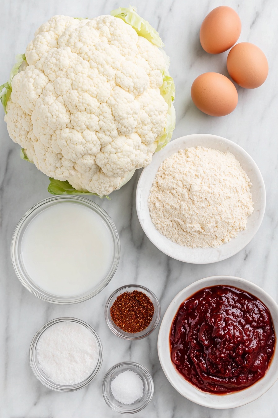 Flat lay of a small head of fresh cauliflower, a small mound of brown rice flour in a simple white ceramic bowl, a small white bowl with bright red tomato paste, a small white bowl of white vinegar, a small white bowl of unsweetened cashew milk, a small white bowl of clear water, whole uncracked brown eggs not present (recipe does not call for eggs), scattered individual piles of garlic powder, onion powder, paprika, cumin, sea salt, black pepper, and cayenne pepper each artistically arranged on the white marble surface, all fresh and natural, no packaging, no duplicates, no utensils, perfectly symmetrical and balanced composition, placed on a clean white marble surface, soft natural light, photo taken with an iPhone, professional food photography style, fresh ingredients, white ceramic bowls, no bottles, no duplicates, no utensils, no packaging --ar 2:3 --v 7 --p m7354615311229779997 - Vegan Cauliflower Buffalo Wings, vegan buffalo wing recipe, healthy plant-based wings, crispy cauliflower wings, vegan game day snacks