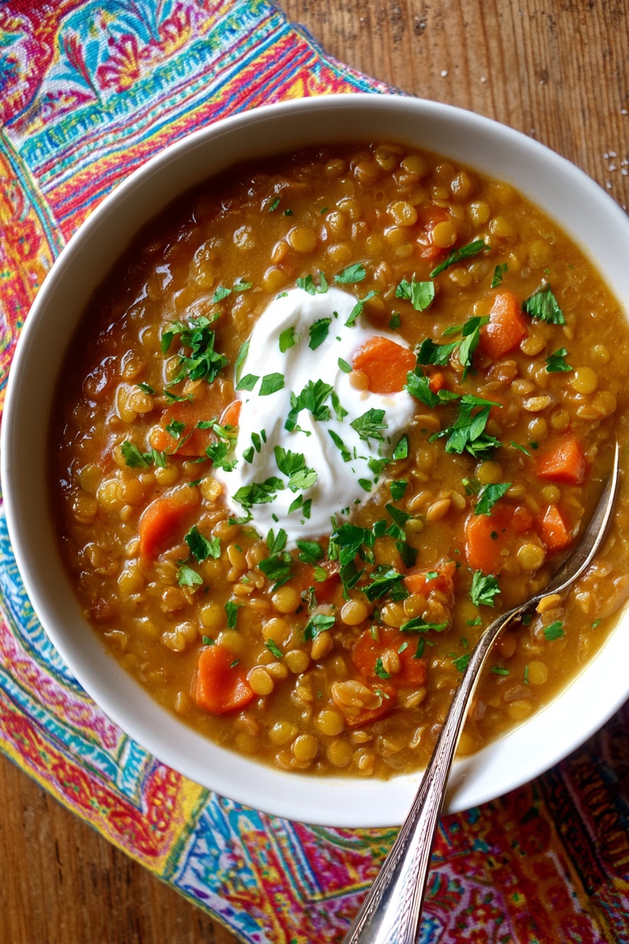 A white bowl filled with thick lentil soup that has orange carrot slices and small lentils mixed in a brownish broth. On top, there is a dollop of white cream and scattered bright green parsley leaves. A silver spoon is placed inside the bowl on the right side. The bowl sits on a colorful cloth with patterns, placed on a wooden surface. Photo taken with an iphone --ar 2:3 --v 7 - Moroccan Lentil Soup with Spices, Moroccan Lentil Soup, Spiced Lentil Soup, Hearty Moroccan Soup, Easy Moroccan Lentil Meal