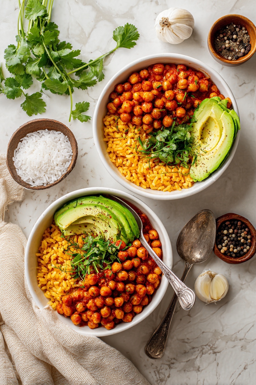 Two white bowls are filled with two main layers: the bottom layer is orange-yellow rice with small green herbs mixed in, and the top layer is red-orange chickpeas. Each bowl is topped with four thin avocado slices that are light green with a sprinkle of black pepper, and a small bunch of fresh green cilantro leaves placed beside the avocado. A silver spoon rests inside each bowl, slightly sinking into the chickpeas. Around the bowls are small containers with garlic cloves, white rice with a dark wooden spoon, and mixed peppercorns, all placed on a white marbled surface with a beige cloth nearby. photo taken with an iphone --ar 2:3 --v 7 - Puerto Rican Chickpeas with Sofrito and Rice, Puerto Rican chickpeas recipe, Sofrito and rice dish, Caribbean chickpeas, Puerto Rican vegan dinner