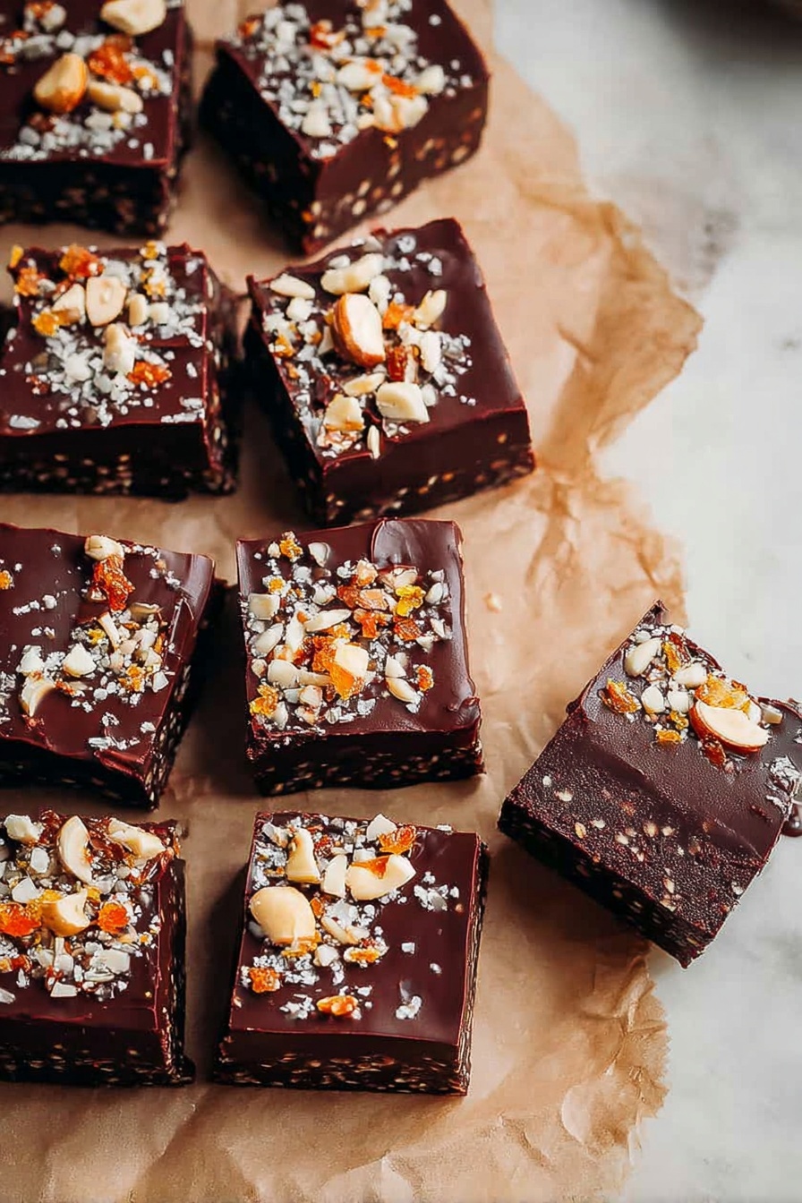 There are nine square chocolate bars placed on a piece of parchment paper over a white marbled surface. Each bar has two layers: a dark brown bottom layer with a textured mix of small bits and a smooth, shiny chocolate top layer. The top layer is decorated with rough pieces of nuts in white and orange colors, sprinkled unevenly over the chocolate. One bar is slightly lifted and showing the side, revealing the dark crunchy base and the glossy top. The photo taken with an iphone --ar 2:3 --v 7 - No Bake Superfood Brownie Bites, healthy no bake snacks, vegan brownie bites, easy no bake dessert, nutritious energy bites