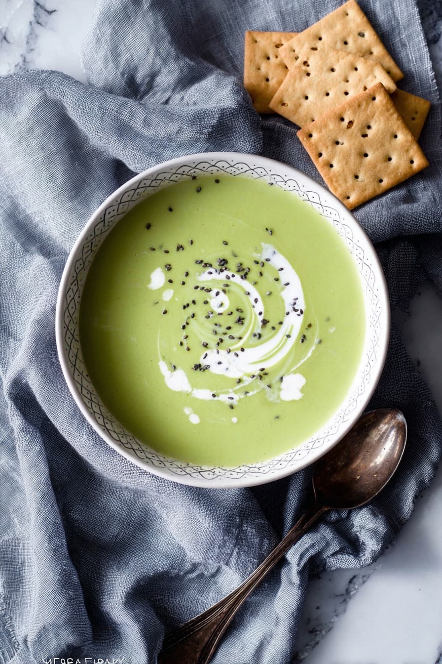 The image shows a bowl filled with smooth light green soup. On the surface of the soup, there is a swirl made of white cream in a loose circle shape, with small dots of cream scattered inside the swirl. Tiny black seeds are sprinkled on parts of the cream swirl, adding texture. The soup is served in a white bowl with a subtle diamond pattern around the rim. Underneath and around the bowl, there is a soft, crumpled gray-blue cloth spread out. On the cloth, there are six light brown hexagon-shaped crackers with small holes, some placed above the bowl, and others below the bowl. To the right of the bowl, a slightly tarnished metal spoon rests on the gray-blue cloth. The whole scene is set on a white marbled surface photo taken with an iphone --ar 2:3 --v 7 - Creamy Broccoli Soup with Smoked Gouda, broccoli soup recipe, smoky vegetable soup, easy broccoli and Gouda soup, comforting fall soup