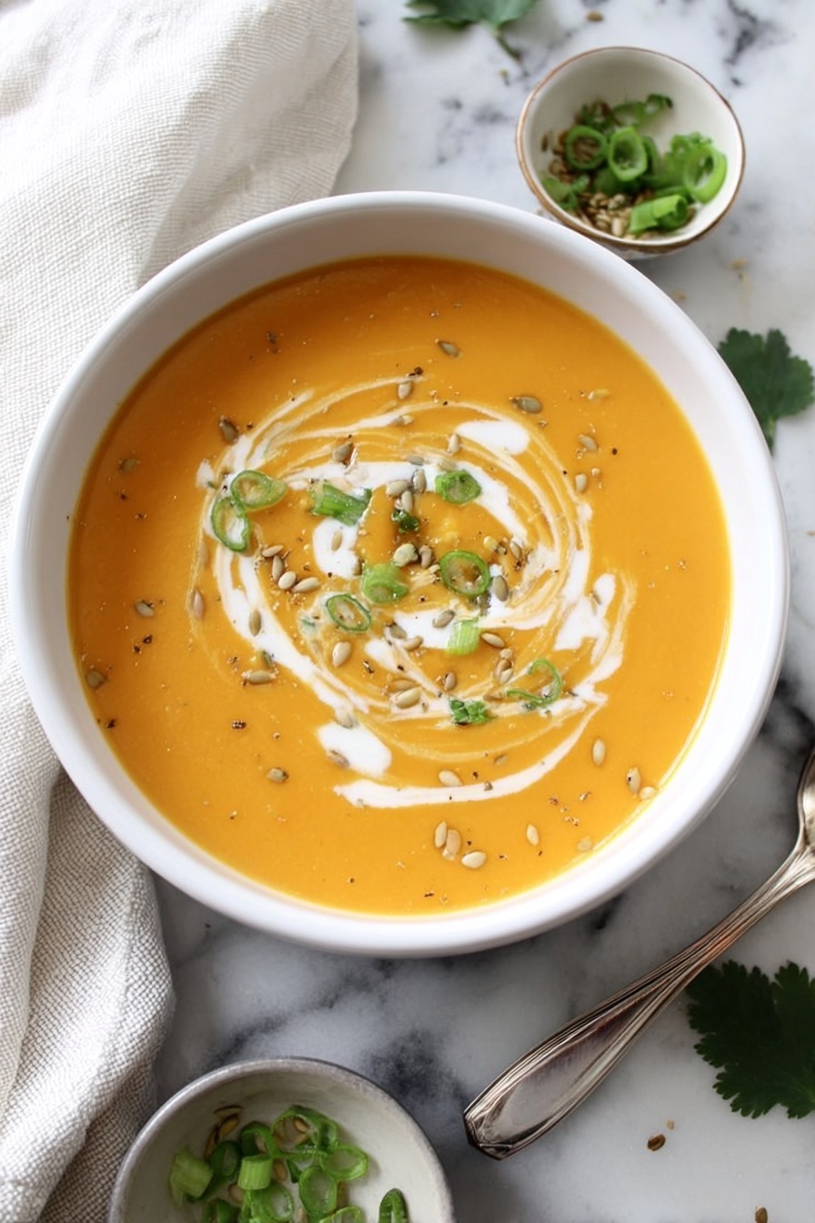 A white bowl filled with smooth orange soup, topped with a swirl of white cream, small green onion pieces, and sprinkled light seeds. The bowl is placed on a white marbled surface with a white cloth nearby and some green leaves scattered around. A spoon and a small bowl with green onion pieces are also visible near the bowl. The overall look is clean and fresh with a soft natural light. photo taken with an iphone --ar 2:3 --v 7 - Ginger Sweet Potato Soup, healthy sweet potato soup, cozy ginger soup, vegan sweet potato soup, velvety sweet potato soup