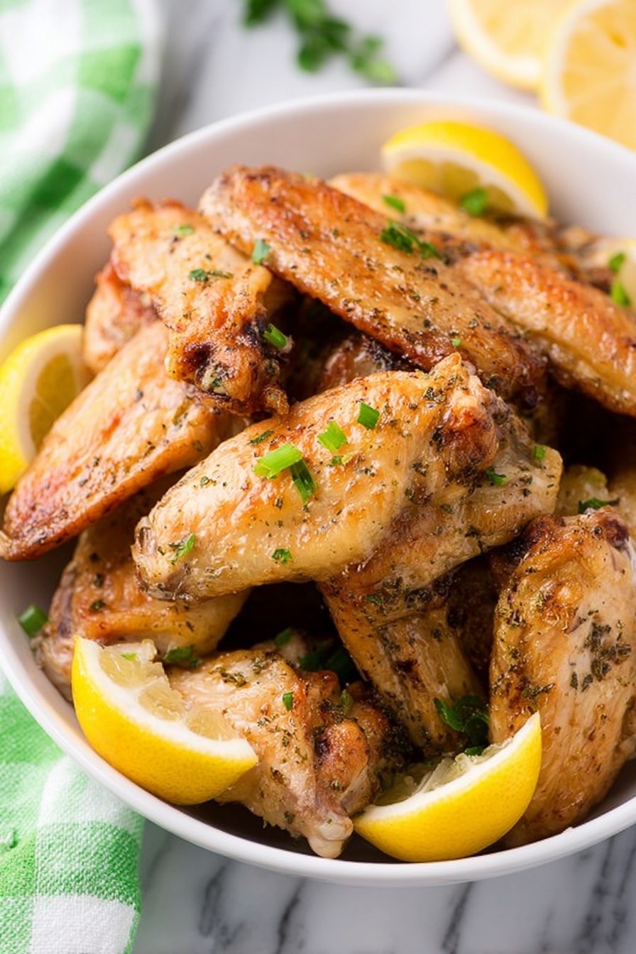 A white bowl is filled with several golden brown chicken wings that have a slightly crispy texture. The wings are layered unevenly, with some pieces lying flat and others resting on top, showing varying shades of cooked skin from light brown to a deeper toasted color. Scattered on the wings are small pieces of chopped green herbs adding a fresh touch. Lemon wedges with bright yellow skin and pale yellow flesh are inserted between the wings around the bowl, adding contrast and a pop of color. The bowl sits on a white marbled surface with a green and white checkered cloth partially visible on the side. Photo taken with an iphone --ar 2:3 --v 7 - Lemon Garlic Chicken Wings, Chicken Wings Recipe, Crispy Lemon Garlic Wings, Easy Chicken Wing Tutorial, Juicy Chicken Wings