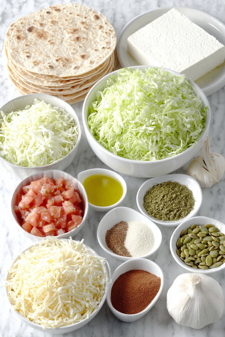 Flat lay of a heaping cup of roasted green Hatch chiles, a large cubanelle pepper, a medium white onion chopped into small pieces, a large bowl of thinly chopped fresh green cabbage, a large white ceramic bowl heaped with shredded zucchini, a block of firm white tofu with a clean surface, five soft whole corn tortillas stacked neatly, a small white bowl filled with bright red diced tomatoes, small white bowls holding golden olive oil, deep reddish-brown chipotle chili powder, whole golden cumin seeds, pale brown cinnamon powder, dark red dry red wine, clear vinegar, a pinch of reddish salt, a garlic clove unpeeled and natural, a small white bowl of toasted green pumpkin seeds, and a small white bowl of shredded Mexican cheese blend—all arranged with perfect symmetry and realistic proportions on a clean white marble surface, soft natural light, photo taken with an iPhone, professional food photography style, fresh ingredients, white ceramic bowls, no bottles, no duplicates, no utensils, no packaging --ar 2:3 --v 7 --p m7354615311229779997 - Vegetarian Hatch Chile Enchiladas, Hatch Chile Enchiladas, Vegetarian Enchiladas with Hatch Chiles, Easy Hatch Chile Enchiladas, Roasted Hatch Chile Enchiladas
