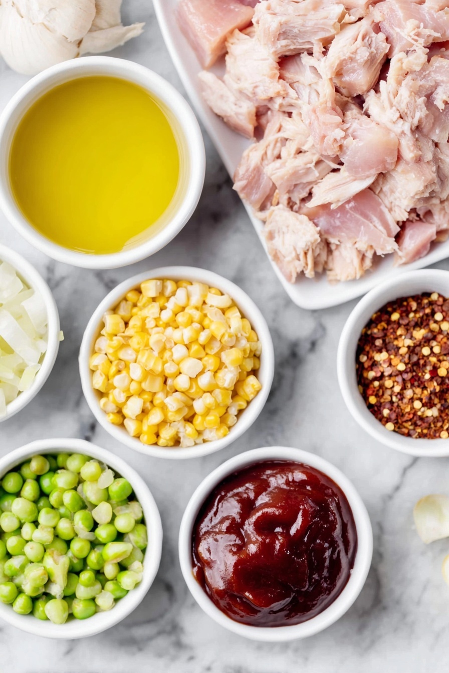 Flat lay of four boneless chicken thighs, a small white bowl of dark soy sauce, a small white bowl of light soy sauce, a small white bowl of mirin, a small white bowl of brown sugar, a few whole uncracked large eggs, four portions of dried ramen noodles, a handful of fresh shiitake mushrooms halved, six dried shiitake mushrooms, four fresh red chili peppers, a small pile of chopped garlic cloves, a few whole garlic cloves, a small pile of thinly sliced garlic cloves, a small white bowl of chicken stock, a small bunch of fresh yu choy leaves, four spring onions cut into 3-inch pieces, a small white bowl of cayenne pepper, two-inch piece of sliced fresh ginger, a small white bowl with sesame oil drizzle, a small pile of finely sliced spring onions, and a small white bowl with sliced radishes and bean sprouts placed on a clean white marble surface, soft natural light, photo taken with an iPhone, professional food photography style, fresh ingredients, white ceramic bowls, no bottles, no duplicates, no utensils, no packaging --ar 2:3 --v 7 --p m7354615311229779997 - Homemade Chicken Ramen Soup, easy chicken ramen recipe, comforting ramen bowl, quick homemade ramen, savory chicken noodle soup