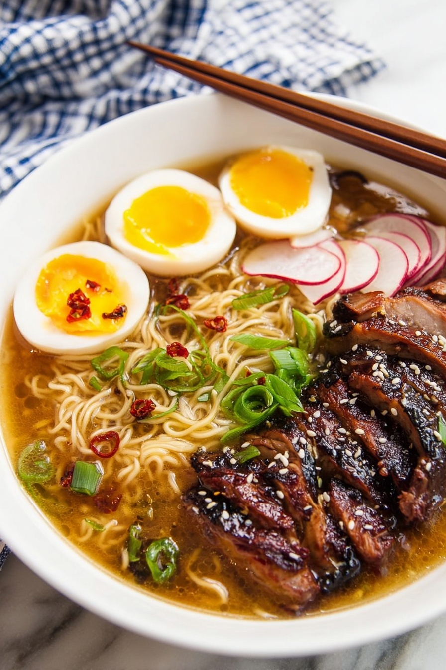 A white bowl filled with light brown broth holds several layers: at the bottom, yellow ramen noodles spread across; to one side, dark brown sliced meat with a shiny glaze and white sesame seeds on top; next to the meat, two halves of a soft-boiled egg with a bright yellow yolk and brown edges; thin pink and white radish slices lay near the eggs; fresh green chopped scallions sit on top near the eggs; dark mushrooms are placed near the noodles; a pair of wooden chopsticks rests on the bowl’s edge; the whole scene is set on a white marbled surface with a blue and white checkered cloth underneath, photo taken with an iphone --ar 2:3 --v 7 - Homemade Chicken Ramen Soup, easy chicken ramen recipe, comforting ramen bowl, quick homemade ramen, savory chicken noodle soup