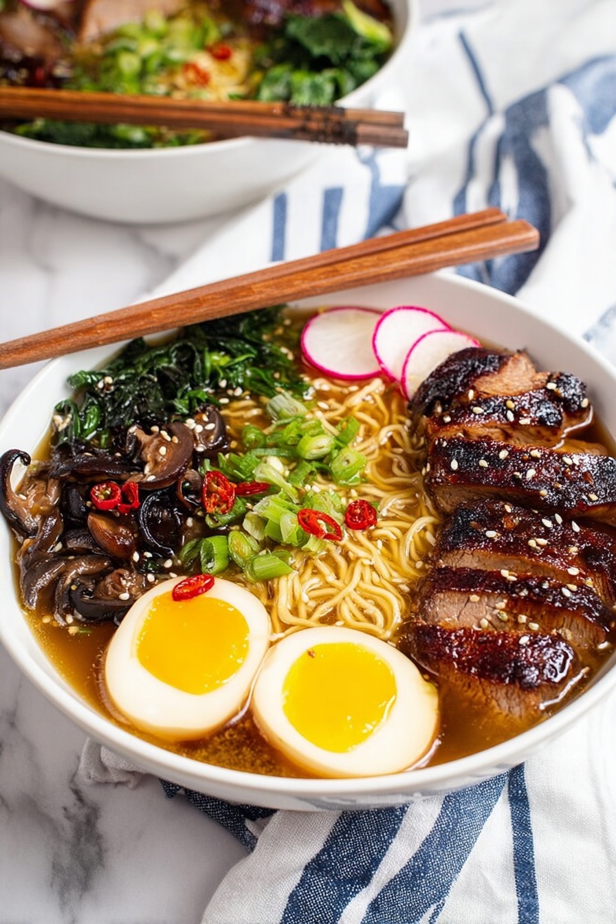 A white bowl filled with ramen noodles sitting in light brown broth is topped with several layers: tender, dark brown grilled chicken slices on the right side sprinkled with white sesame seeds; two halves of a soft-boiled egg with golden yellow yolks and light brown outer edges placed near the center; thin, round, pink and white radish slices in front of the eggs; a pile of bright green chopped scallions on the left near some dark green leafy vegetables; and sautéed dark brown mushrooms sprinkled with red chili flakes on the bottom left. A pair of brown chopsticks rests on the bowl’s right edge, and the bowl is set on a white marbled textured surface with a blue and white checkered cloth underneath. In the blurred background, a second bowl with similar contents and a small white bowl with toppings are visible. Photo taken with an iphone --ar 2:3 --v 7 - Homemade Chicken Ramen Soup, easy chicken ramen recipe, comforting ramen bowl, quick homemade ramen, savory chicken noodle soup