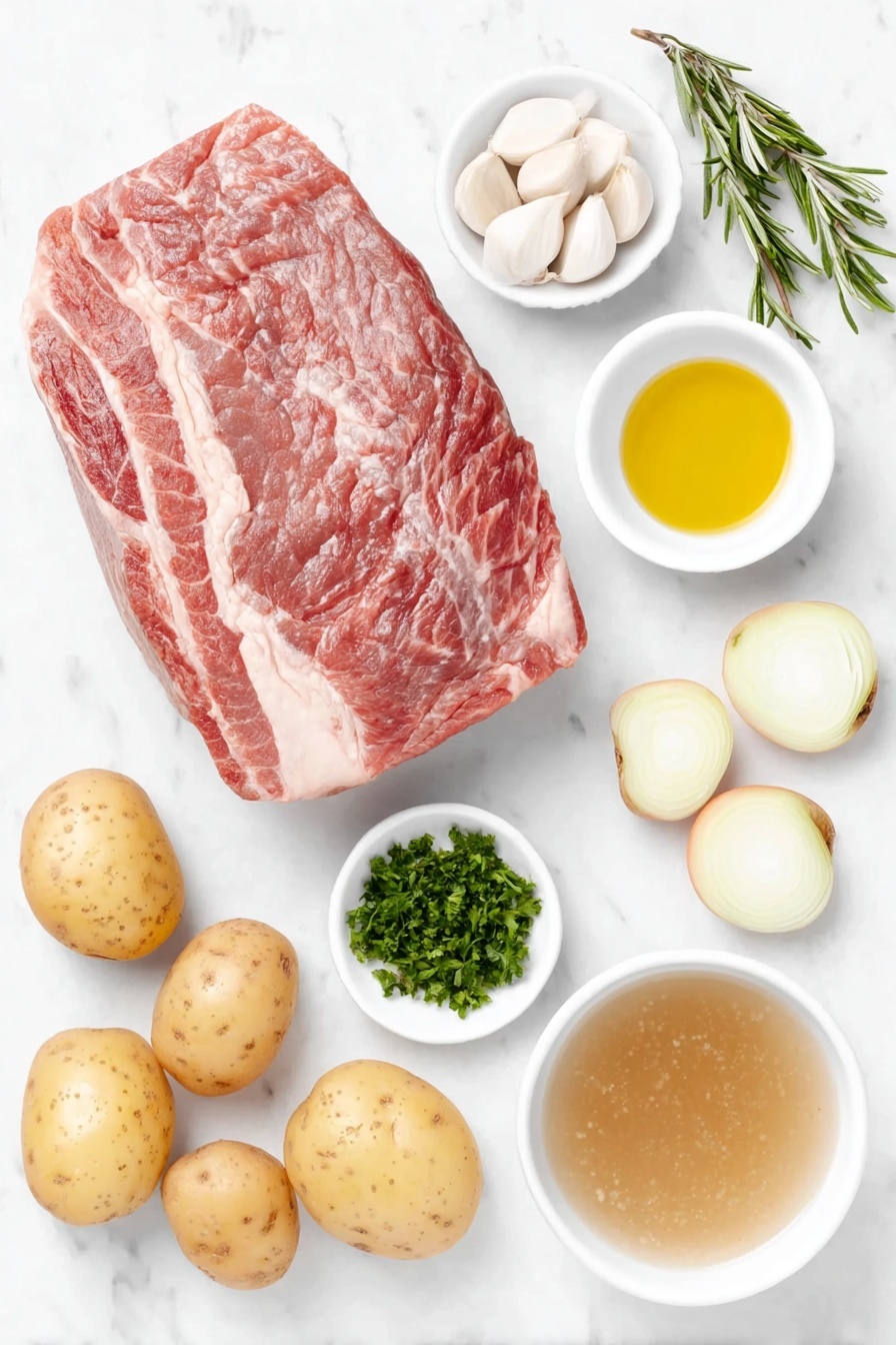 Flat lay of a large raw chuck roast with rich marbling, a medium yellow onion halved and cut into thick slices, five peeled whole garlic cloves, a handful of small whole Yukon gold potatoes, five peeled medium carrots cut into thick pieces, a small white ceramic bowl of golden olive oil, a small white bowl filled with clear beef broth, a tiny white bowl with a dark Worcestershire sauce, fresh thyme sprigs, fresh rosemary sprigs, and a small heap of chopped fresh parsley all arranged with perfect symmetry on a clean white marble surface, soft natural light, photo taken with an iPhone, professional food photography style, fresh ingredients, white ceramic bowls, no bottles, no duplicates, no utensils, no packaging --ar 2:3 --v 7 --p m7354615311229779997 - Slow Cooker Pot Roast with Vegetables, hearty beef stew, easy slow cooker dinner, comfort food recipes, tender beef and vegetables