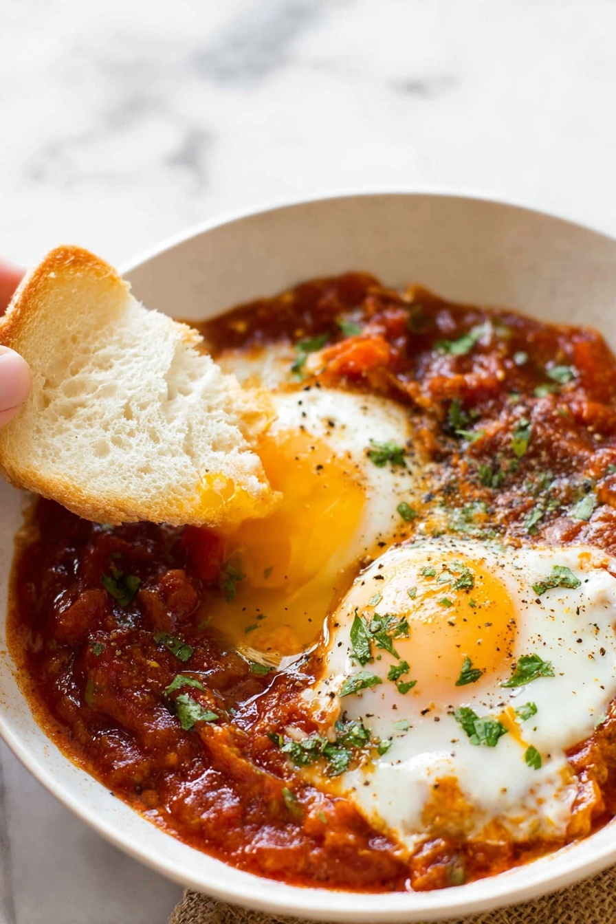 A white bowl filled with a thick, red tomato sauce base that has a chunky texture with visible pieces of tomato and herbs, topped with two cooked eggs with bright yellow yolks and white edges, sprinkled with chopped green herbs and black pepper. A piece of soft white bread is dipped into the runny yolk in the center of the bowl, held by a woman's hand. The background is a white marbled texture photo taken with an iphone --ar 2:3 --v 7 - Cheesy Baked Eggs in Spiced Tomato Sauce, baked eggs with spicy tomato sauce, cheesy breakfast eggs, easy baked egg recipes, flavorful brunch egg dishes