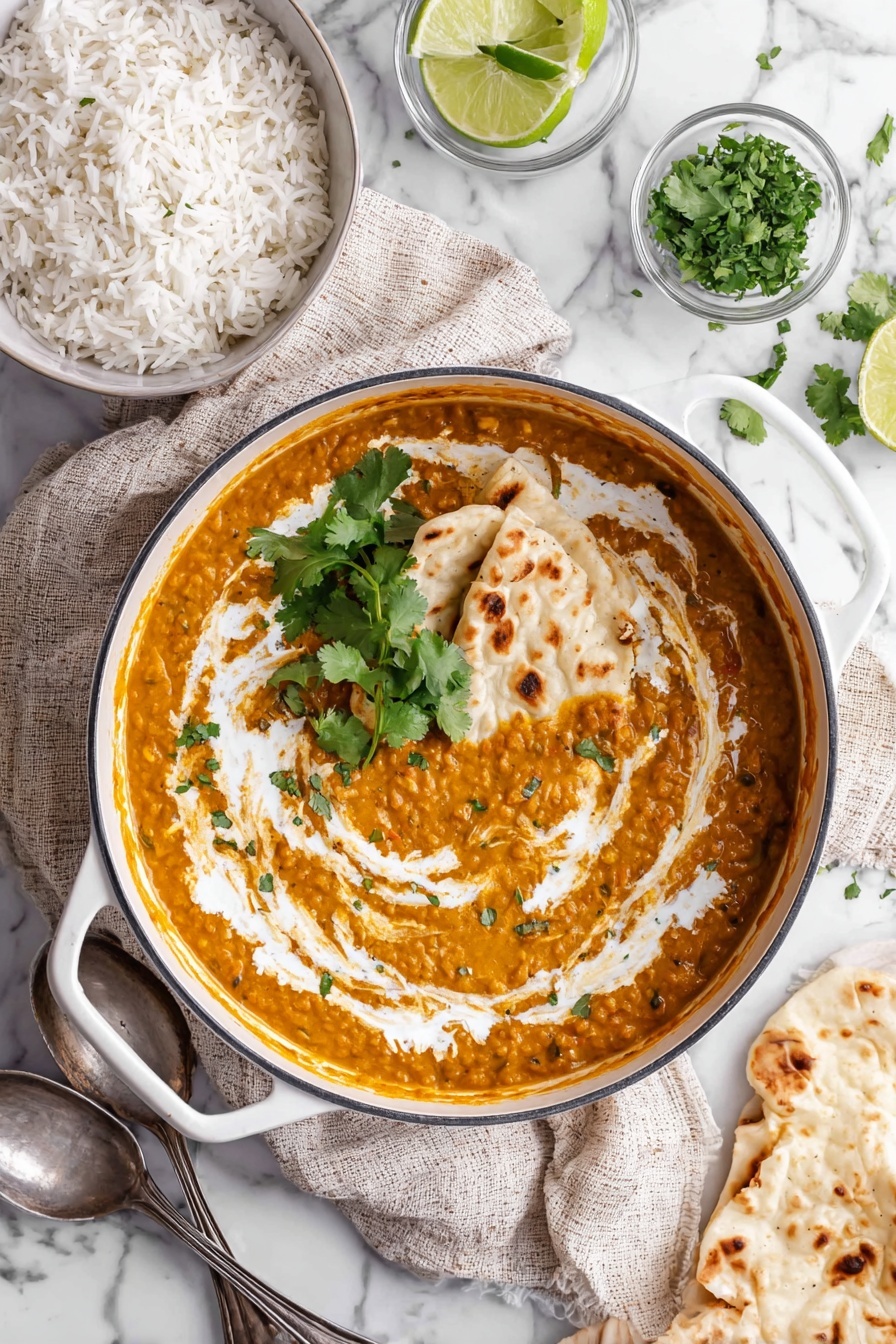 The image shows a white pot filled with a thick orange lentil curry, swirled with light white cream on top. On the left side inside the pot, there are three pieces of white naan bread resting on the curry. A small bunch of green cilantro leaves is placed on the right side on top of the curry. The pot sits on a light beige cloth on a white marbled surface. Nearby, there is a white bowl filled with white rice in the top left corner, two silver spoons on the cloth below the pot, a small glass bowl with green cilantro leaves, and another glass bowl with lime wedges at the lower right corner. A piece of white naan bread is also placed on the white marbled surface to the right of the pot. photo taken with an iphone --ar 2:3 --v 7 - Vegan Red Lentil Curry, vegan lentil curry, red lentil curry recipe, healthy vegan dinner, plant-based curry