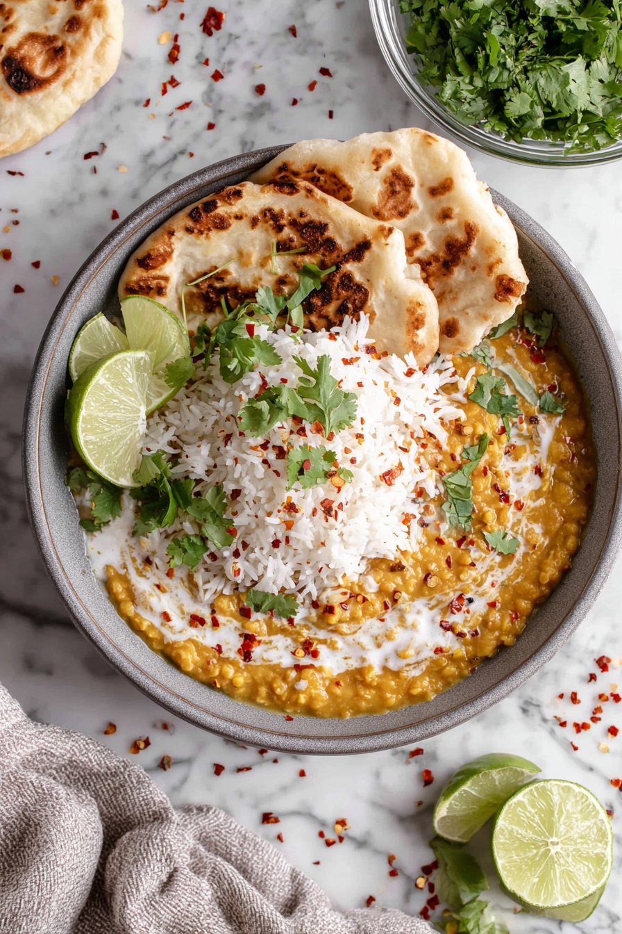 A gray bowl holds three main layers: the bottom layer is yellow lentil curry with a thick texture, topped with a white drizzle of coconut milk spreading unevenly on one side; over this is a mound of white, fluffy basmati rice sprinkled lightly with red chili flakes; fresh green cilantro leaves sit on top of the rice. On the side inside the bowl are two lime wedges with light green skin and pale juicy flesh, and two folded pieces of toasted white naan bread with golden brown spots. The bowl sits on a white marbled surface with some scattered red chili flakes around it. Nearby, there is a small clear glass bowl filled with fresh cilantro and another with lime wedges. photo taken with an iphone --ar 2:3 --v 7 - Vegan Red Lentil Curry, vegan lentil curry, red lentil curry recipe, healthy vegan dinner, plant-based curry