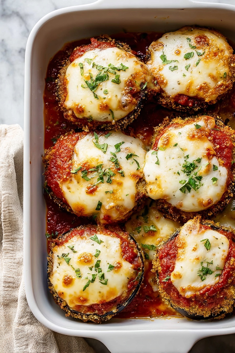 This image shows a white baking dish filled with six stacks of eggplant parmesan. Each stack has three visible layers: the bottom layer is a breaded and cooked eggplant slice with a rough, crispy texture and brownish-green color, the middle layer is melted white cheese that looks smooth and creamy, and the top layer is red tomato sauce covered by a browned and bubbly layer of melted cheese with a golden tint. Small green chopped herbs are sprinkled on top of each stack, adding a fresh look. The dish is placed on a white marbled surface with a light beige cloth partially visible on the side. photo taken with an iphone --ar 2:3 --v 7 - Eggplant Parmesan Quick and Easy, Eggplant Parmesan Recipe, Homemade Eggplant Parmesan, Baked Eggplant Parmesan, Vegetarian Eggplant Dish