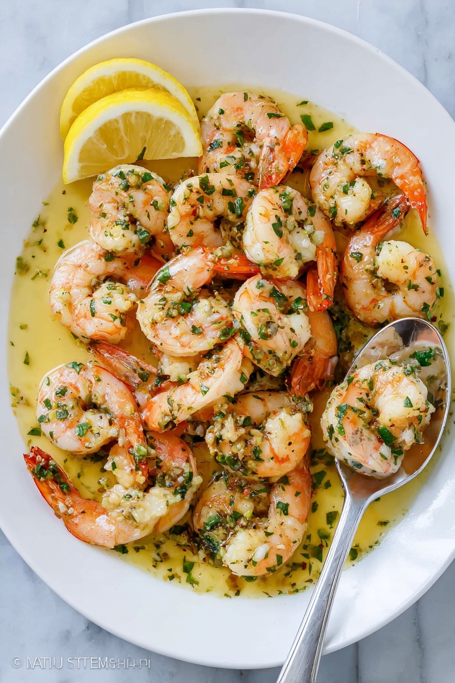 A white round plate holds about two dozen cooked shrimp arranged in a loose pile. The shrimp have a pinkish-orange color with white flesh showing, and they are sprinkled with chopped green herbs. They sit in a glossy, light yellow garlic herb butter sauce that pools around the shrimp. On the left side of the plate, there are two lemon wedges resting against the shrimp. A silver spoon scoops up one shrimp from the right side of the pile. The plate is set on a white marbled surface. photo taken with an iphone --ar 2:3 --v 7 - Easy Shrimp Scampi with Garlic and White Wine, shrimp scampi, garlic shrimp recipe, quick seafood dinner, white wine shrimp pasta