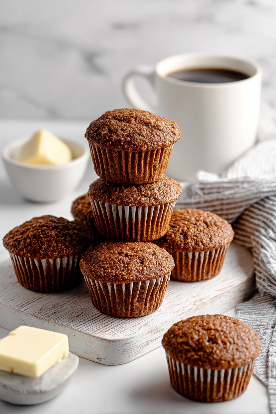 The image shows seven brown muffins with a rough, crackled top texture, arranged on a white wooden board placed on a white marbled surface. Three muffins are stacked in the center, one on top of the other. Around the board, there are four more muffins lying flat. To the right in the background, there is a white cup filled with dark coffee. In the front left corner, a white bowl contains a pat of butter. A gray and white striped cloth is partly visible on the right side. The scene is bright and clear, with a soft light from the left side. Photo taken with an iphone --ar 2:3 --v 7 - Healthy Whole Wheat Bran Muffins, wholesome muffin recipe, nutritious breakfast muffins, fiber-rich bran muffins, homemade healthy muffins