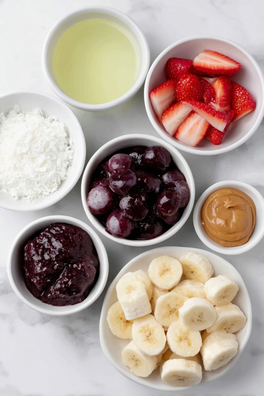 Flat lay of fresh frozen mixed berries in a small white ceramic bowl, a peeled frozen banana chopped into chunks on a white plate, a whole peeled ripe banana sliced on a white plate, pure apple juice in a small white ceramic bowl, creamy white coconut yogurt in a small white bowl, vibrant deep purple frozen acai puree in a small white bowl, sliced fresh strawberries arranged neatly on a white plate, a small mound of golden granola on a white plate, white toasted coconut flakes in a small white bowl, a dollop of smooth peanut butter on a white plate, all arranged symmetrically and naturally placed on a clean white marble surface, soft natural light, photo taken with an iPhone, professional food photography style, fresh ingredients, white ceramic bowls, no bottles, no duplicates, no utensils, no packaging --ar 2:3 --v 7 --p m7354615311229779997 - Healthy Açaí Bowl, nutritious smoothie bowl, quick breakfast recipe, healthy fruit bowl, energizing acai bowl