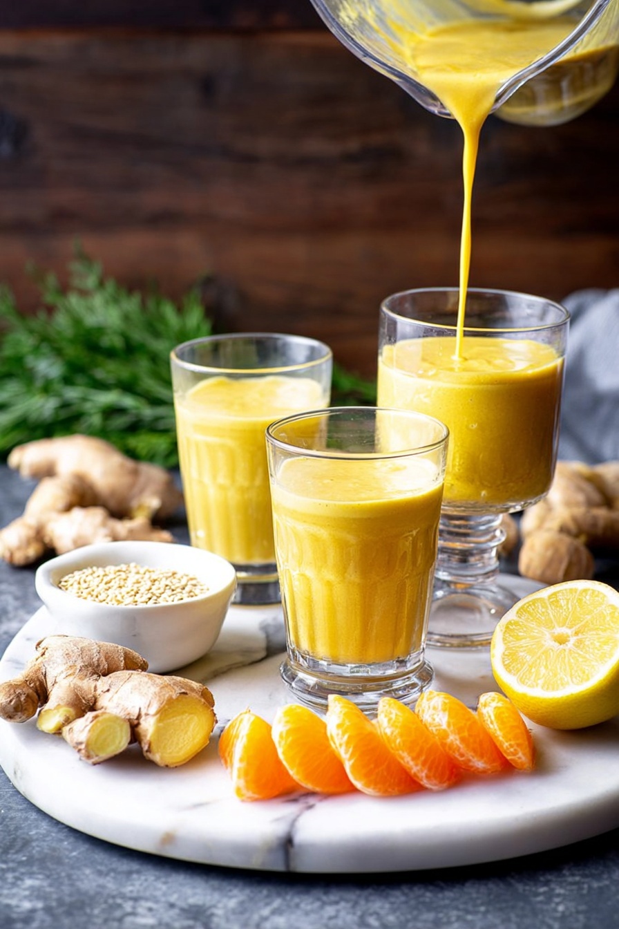 The image shows a round white plate with three glasses filled with a thick yellow drink. One glass is being filled with the yellow liquid from a blender above, the liquid flowing smoothly down. On the plate in front of the glasses are several peeled orange segments arranged in a row, a half lemon with yellow flesh, and some ginger fresh pieces with light brown skin and pale yellow inside. Behind the glasses is a small white bowl filled with light-colored seeds, and some green leafy herbs add fresh color to the scene. The background is a dark wooden texture, and the surface under the plate is a white marbled texture. Photo taken with an iphone --ar 2:3 --v 7 - Citrus Carrot Ginger Smoothie, healthy orange carrot smoothie, immune-boosting fruit smoothie, easy breakfast green smoothie, fresh ginger carrot drink